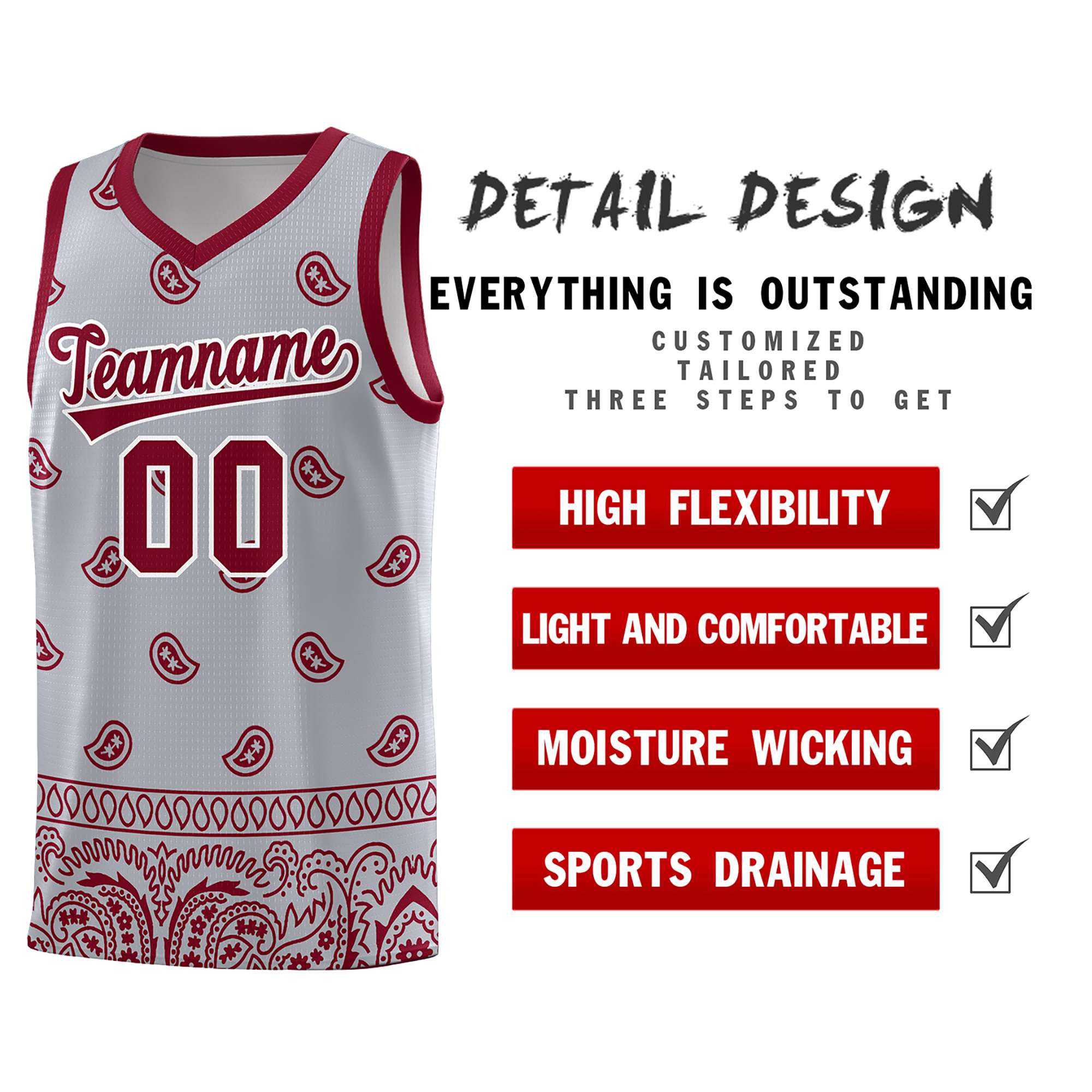 Custom Gray Crimson Personalized Cashew Pattern Sports Uniform Basketball Jersey