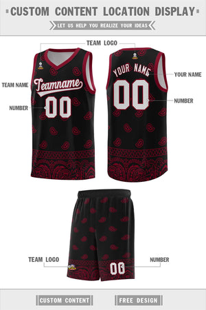 Custom Black Crimson Personalized Cashew Pattern Sports Uniform Basketball Jersey