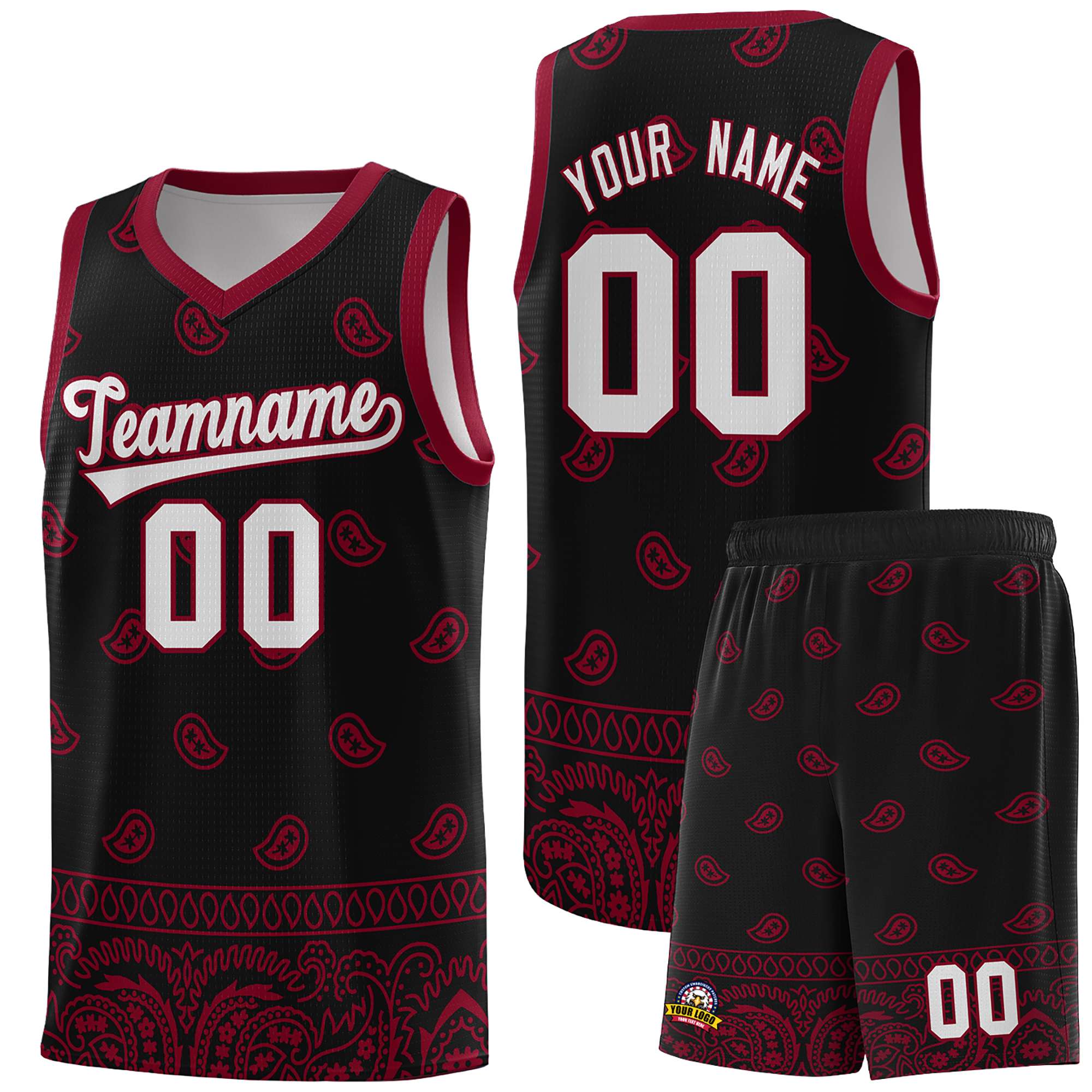 Custom Black Crimson Personalized Cashew Pattern Sports Uniform Basketball Jersey