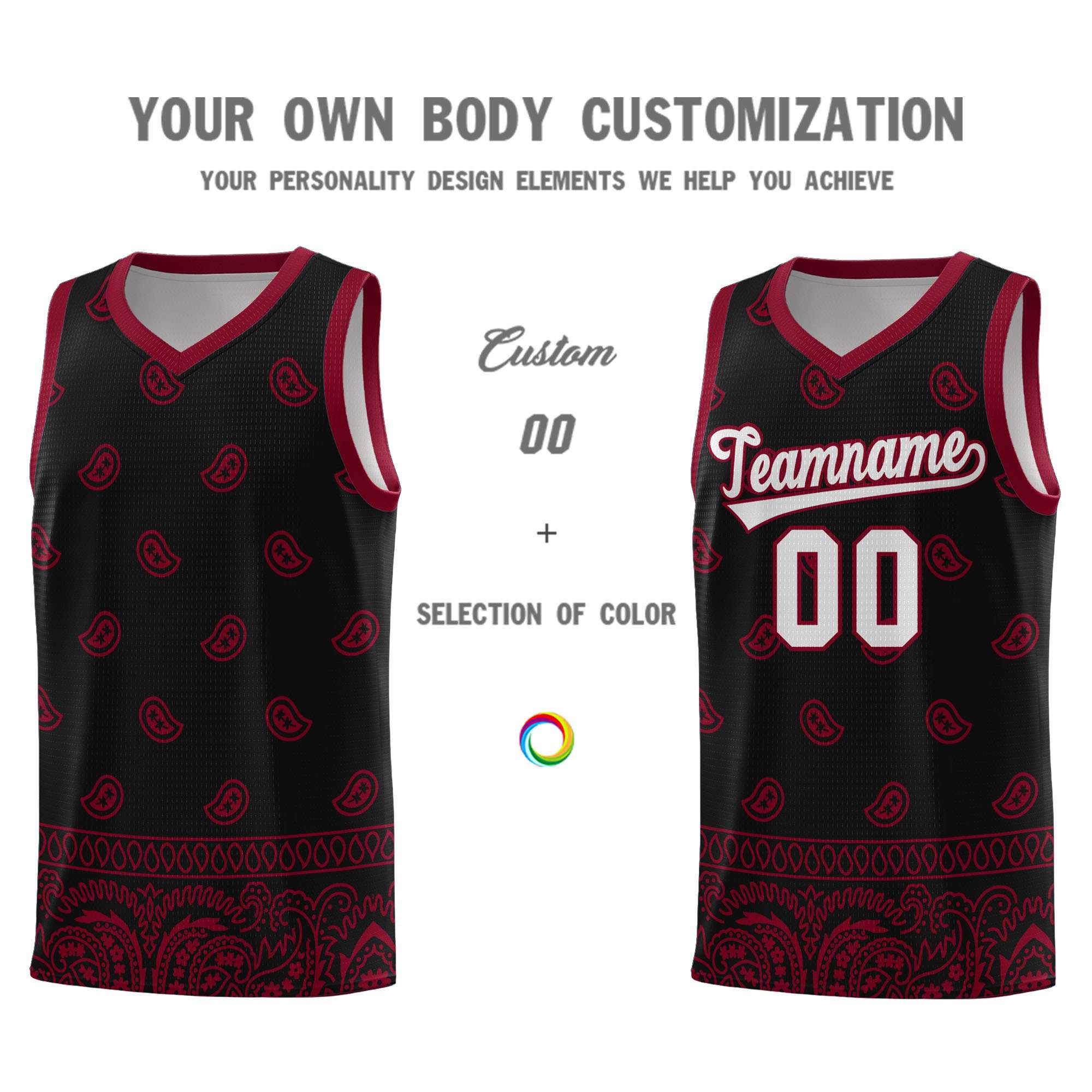 Custom Black Crimson Personalized Cashew Pattern Sports Uniform Basketball Jersey