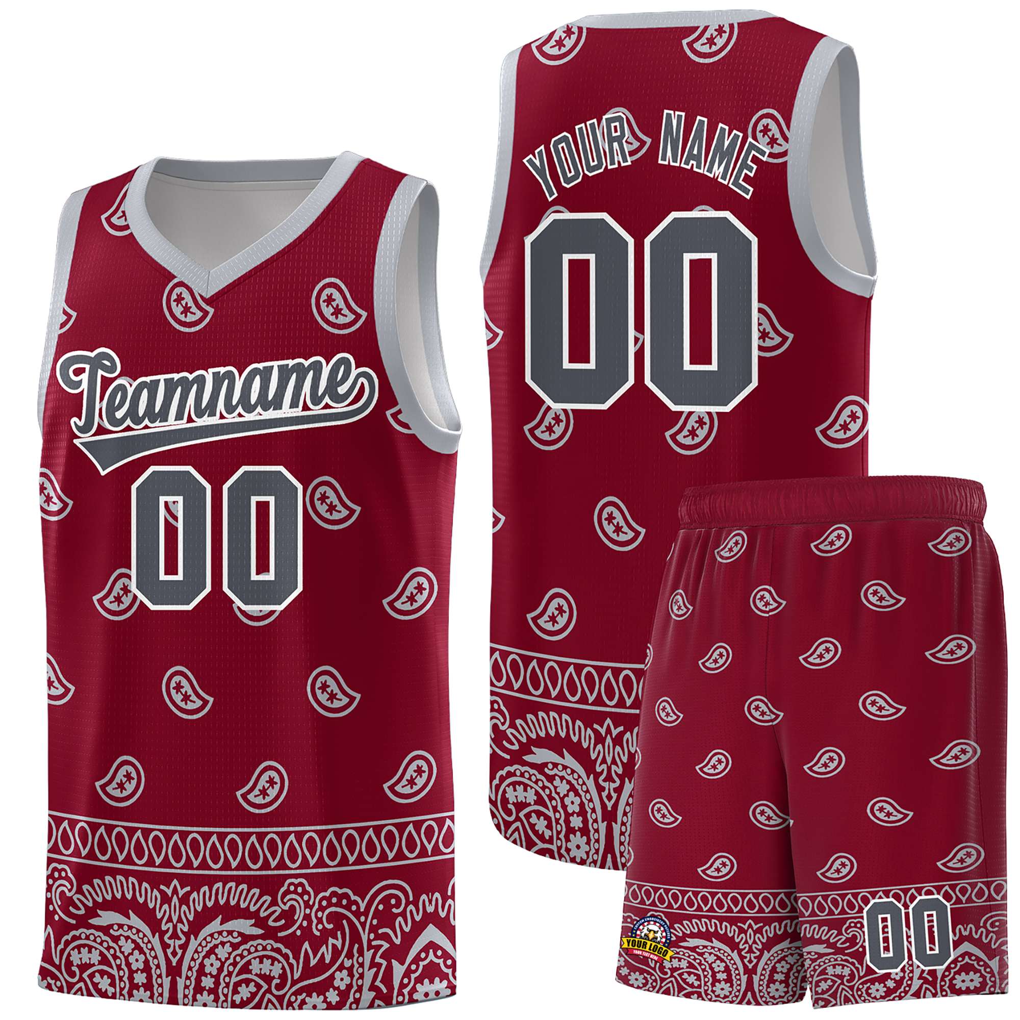 Custom Crimson Gray Personalized Cashew Pattern Sports Uniform Basketball Jersey