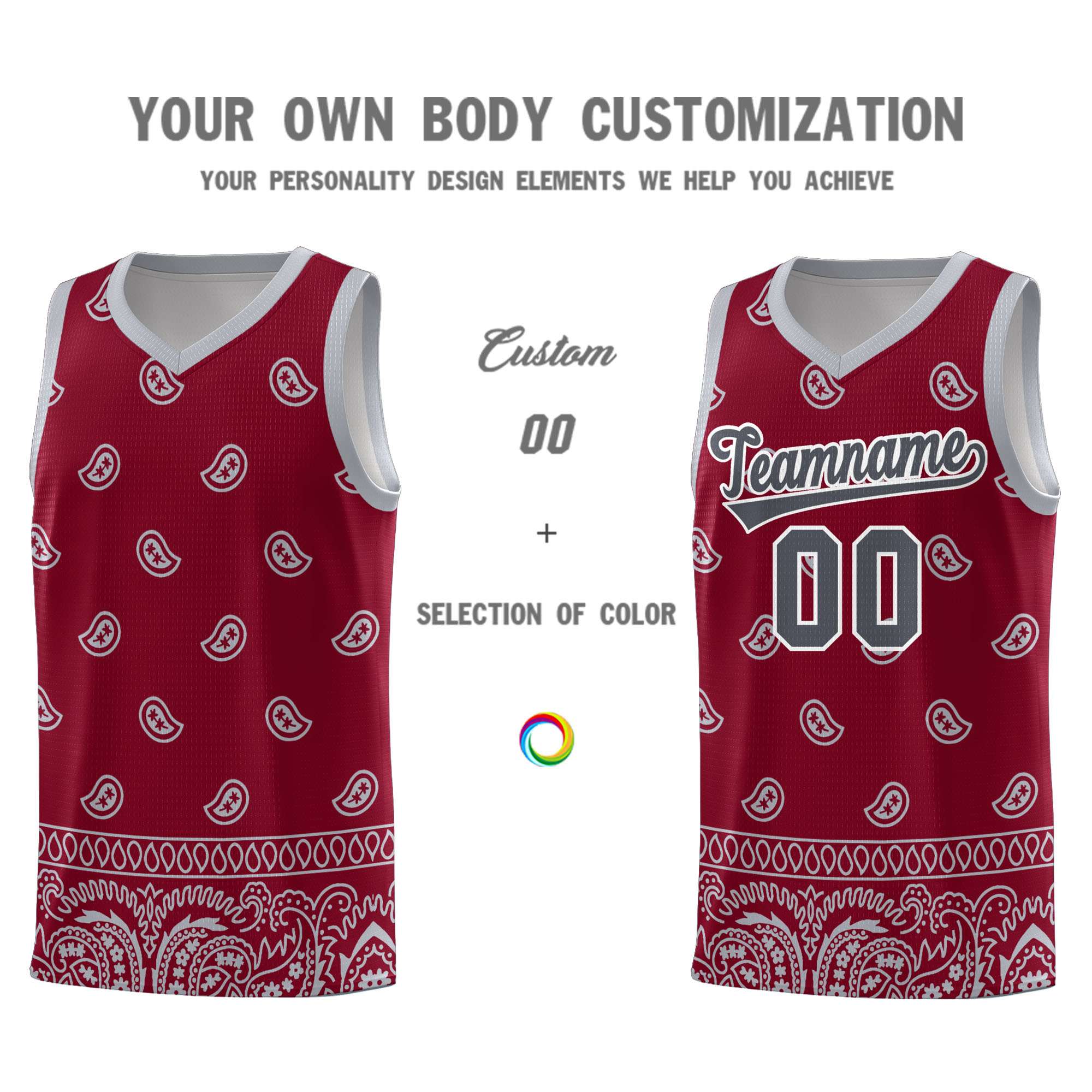 Custom Crimson Gray Personalized Cashew Pattern Sports Uniform Basketball Jersey