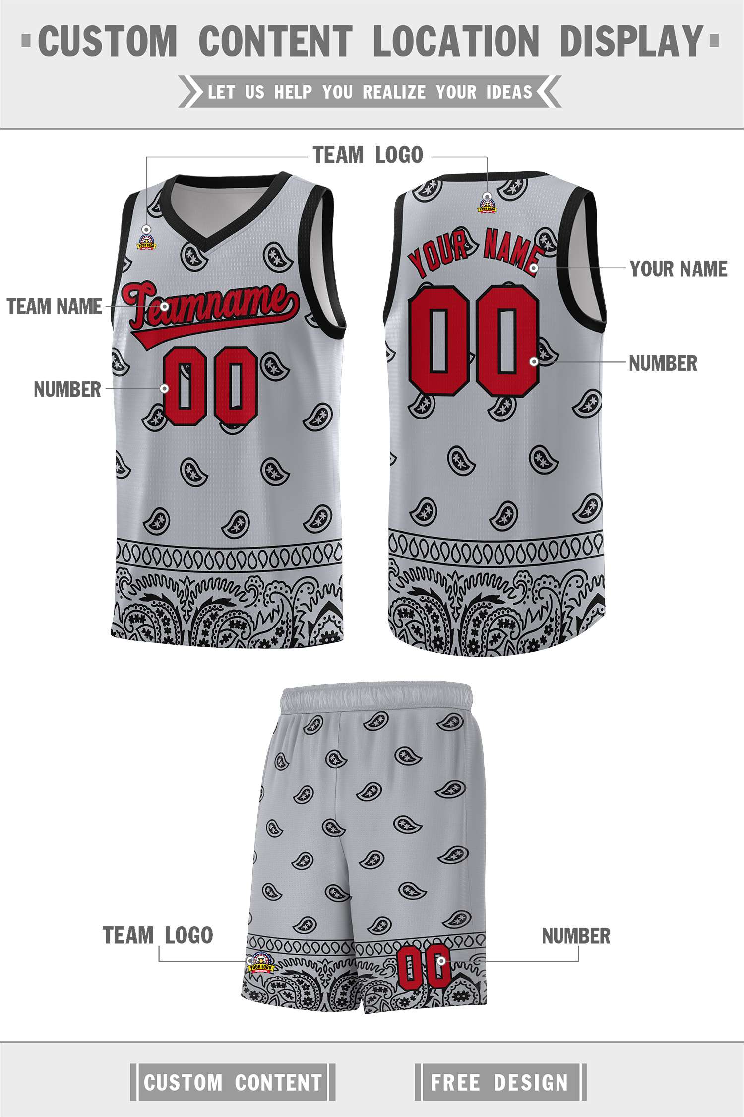 Custom Gray Black Personalized Cashew Pattern Sports Uniform Basketball Jersey