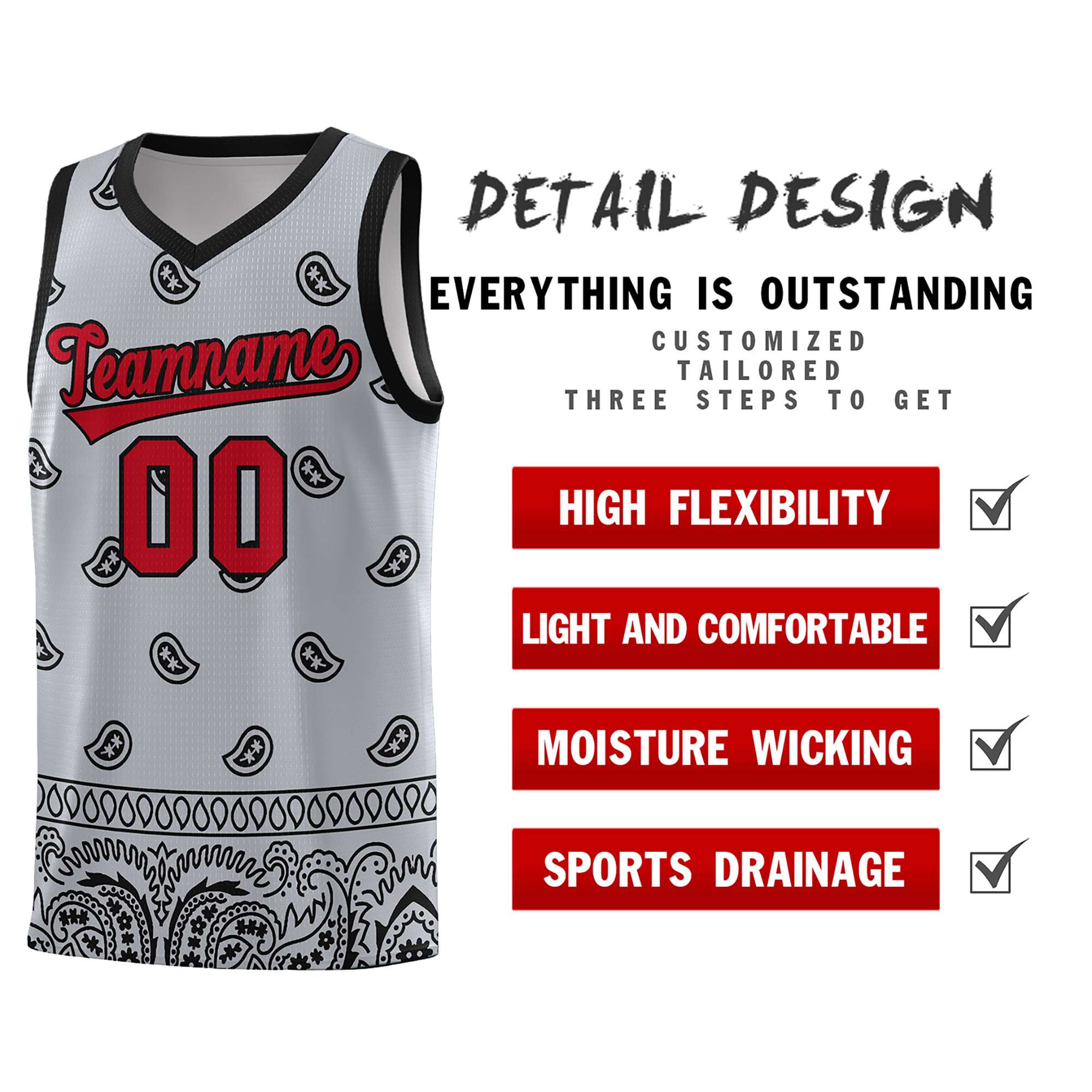 Custom Gray Black Personalized Cashew Pattern Sports Uniform Basketball Jersey