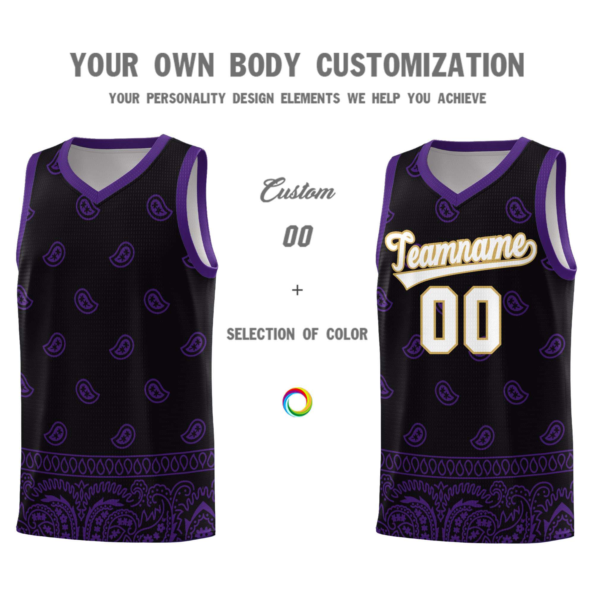 Custom Black Purple Personalized Cashew Pattern Sports Uniform Basketball Jersey