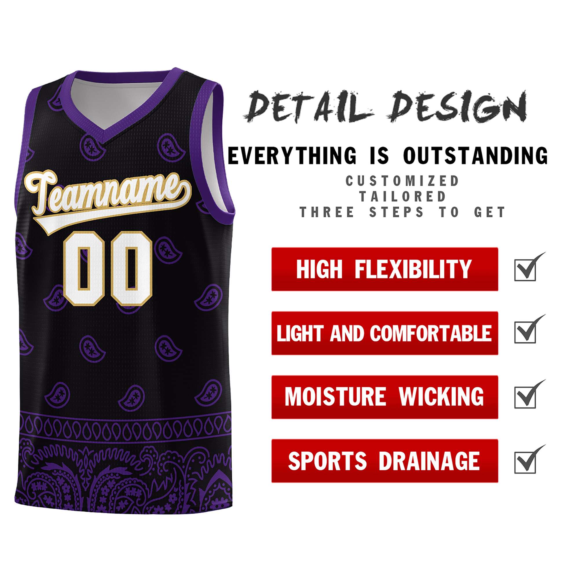 Custom Black Purple Personalized Cashew Pattern Sports Uniform Basketball Jersey