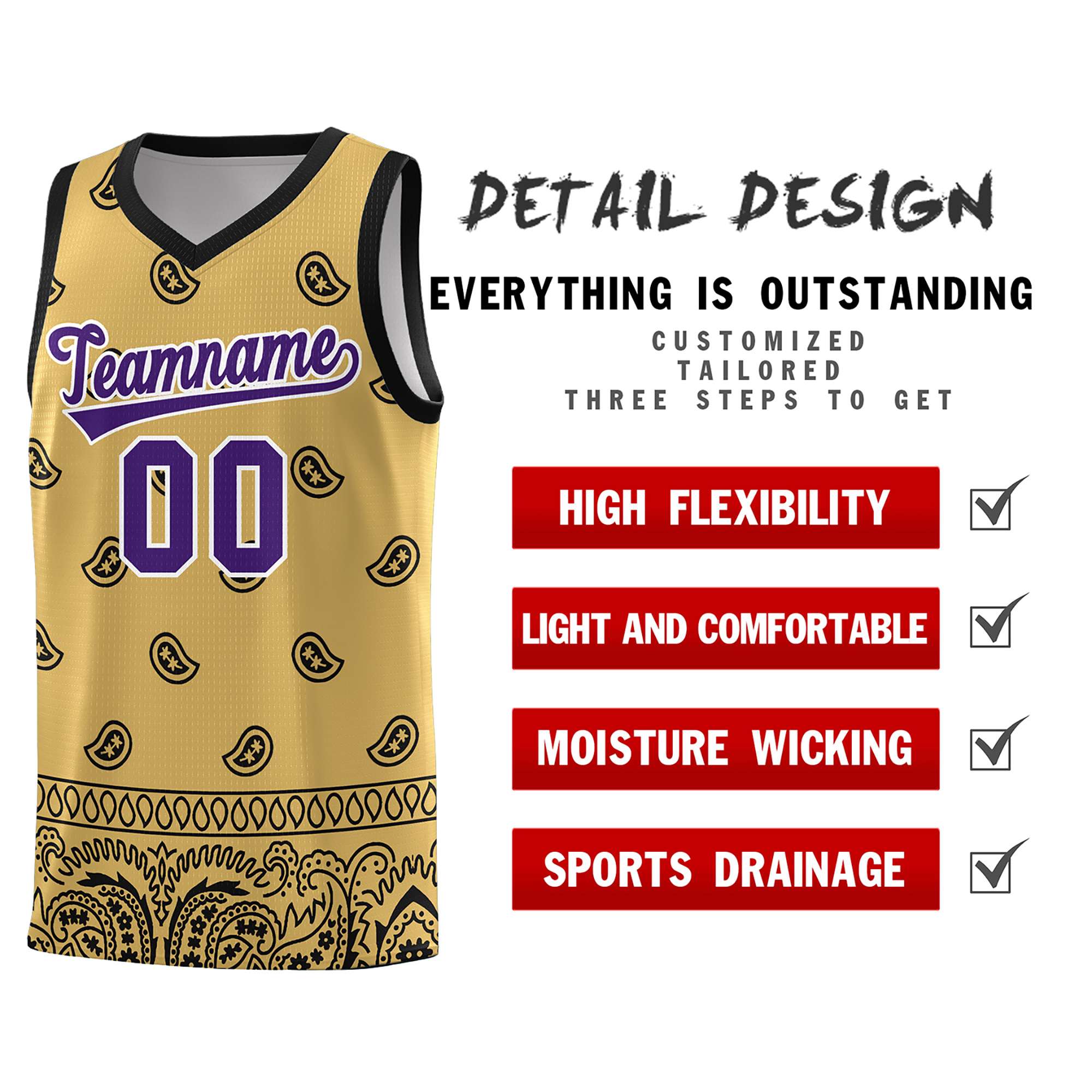 Custom Old Gold Black Personalized Cashew Pattern Sports Uniform Basketball Jersey