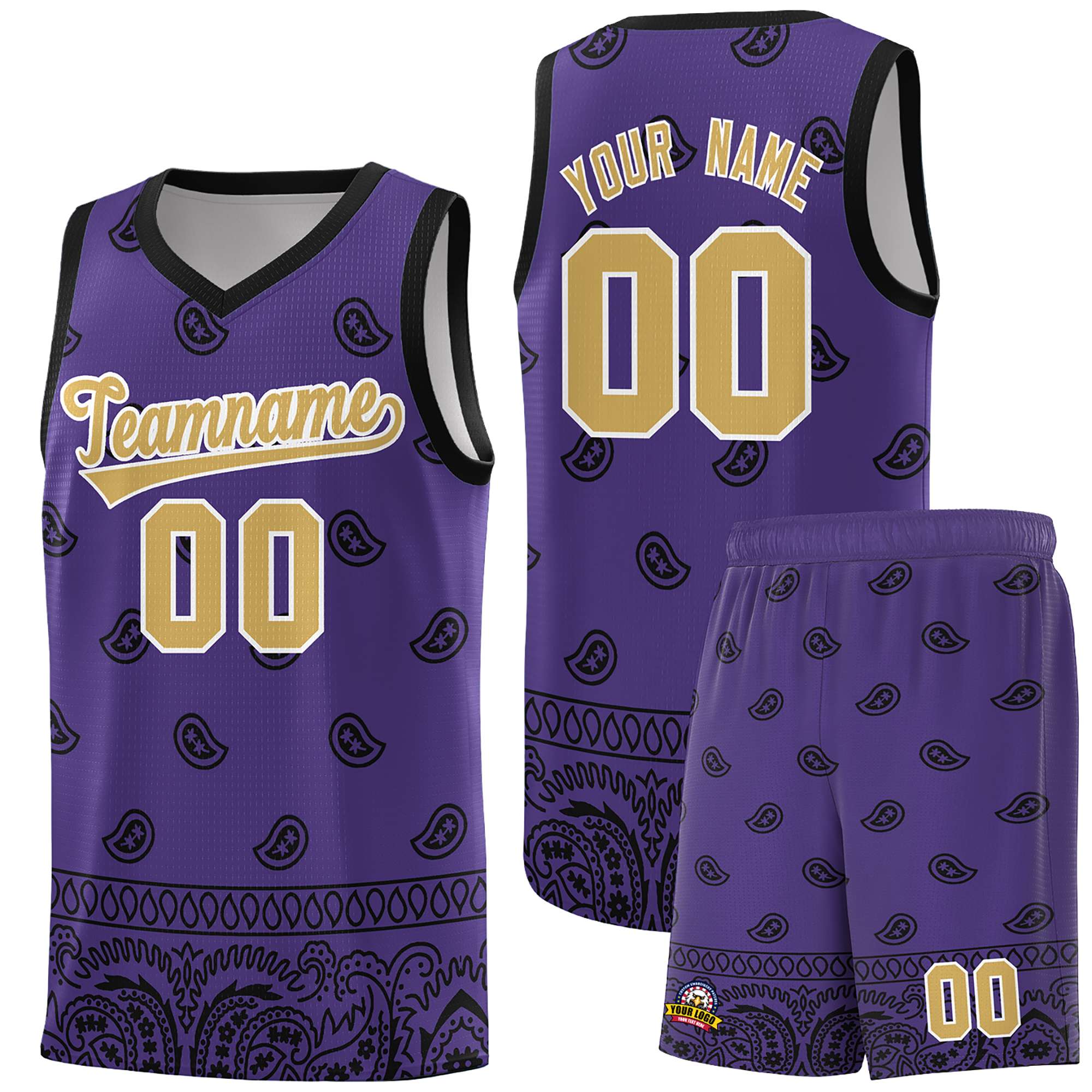 Custom Purple Black Personalized Cashew Pattern Sports Uniform Basketball Jersey