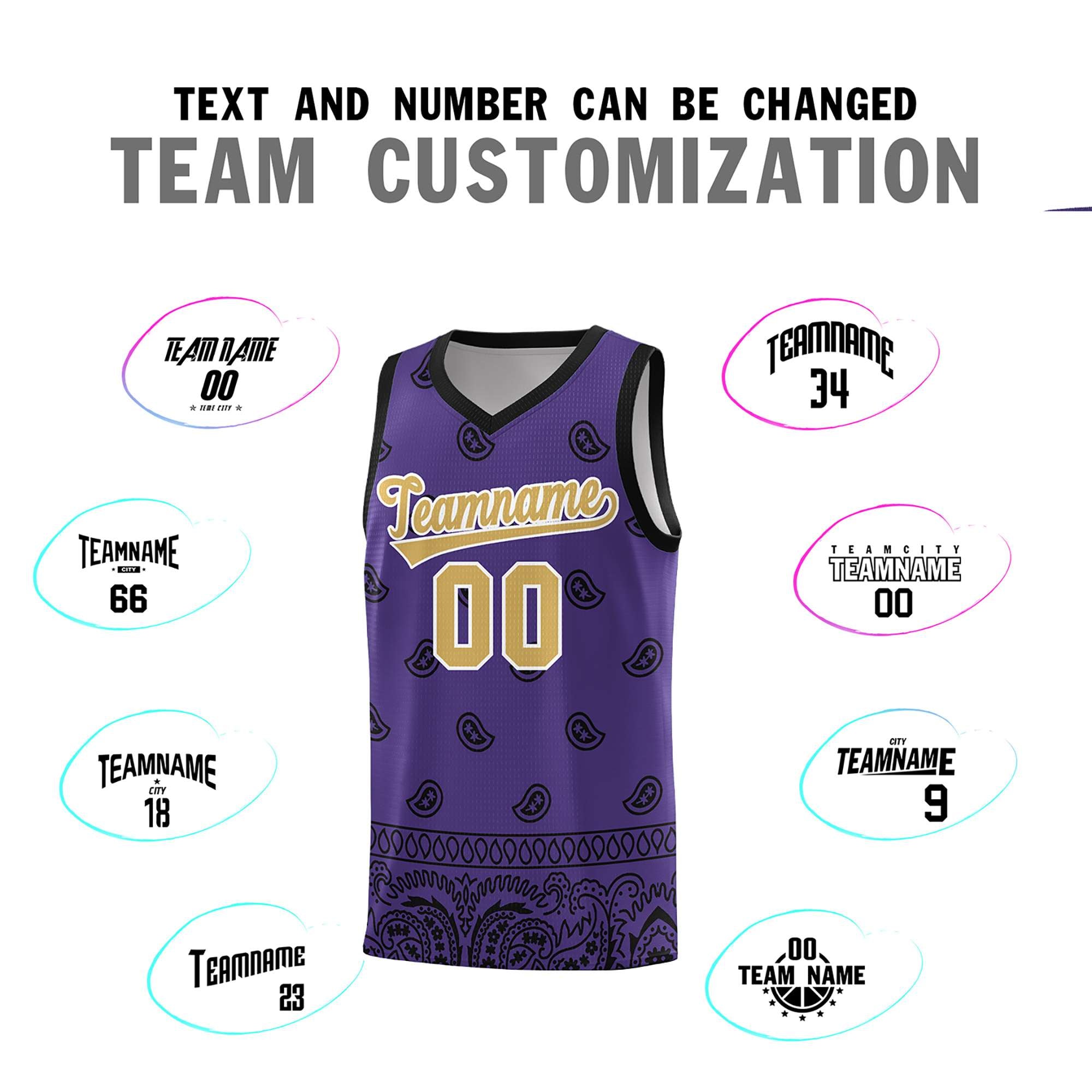 Custom Purple Black Personalized Cashew Pattern Sports Uniform Basketball Jersey