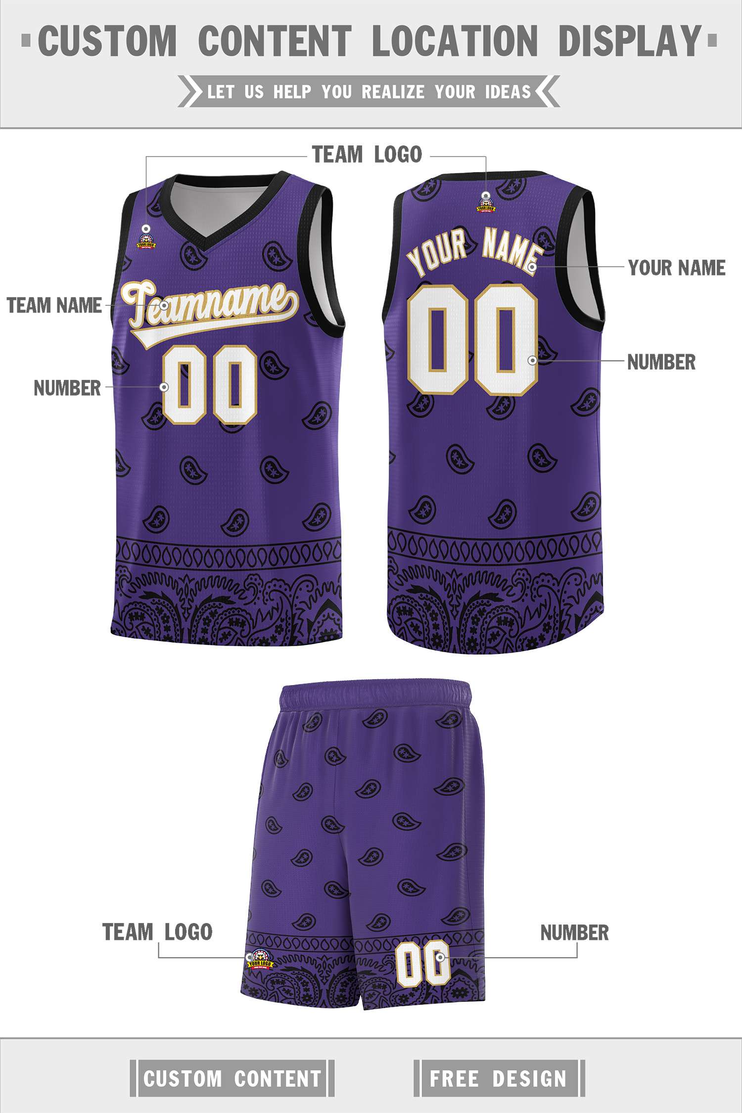 Custom Purple Black Personalized Cashew Pattern Sports Uniform Basketball Jersey