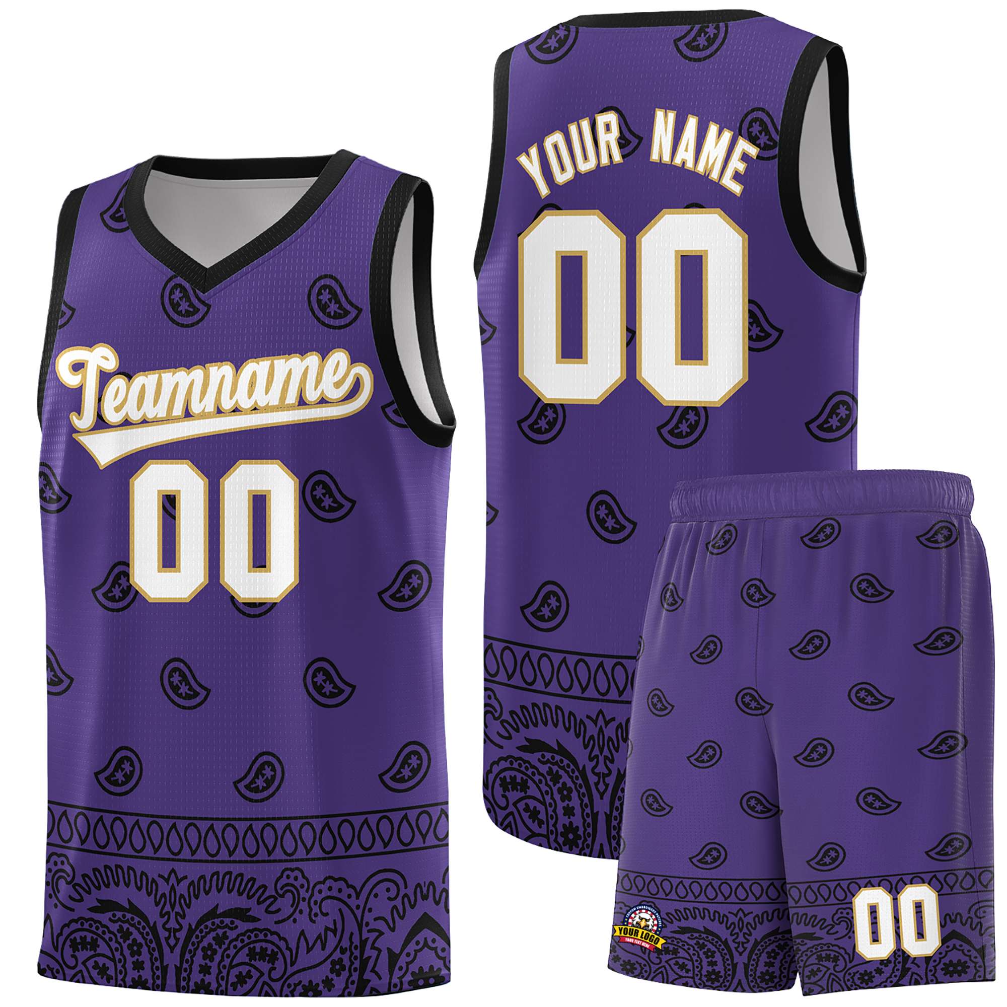 Custom Purple Black Personalized Cashew Pattern Sports Uniform Basketball Jersey