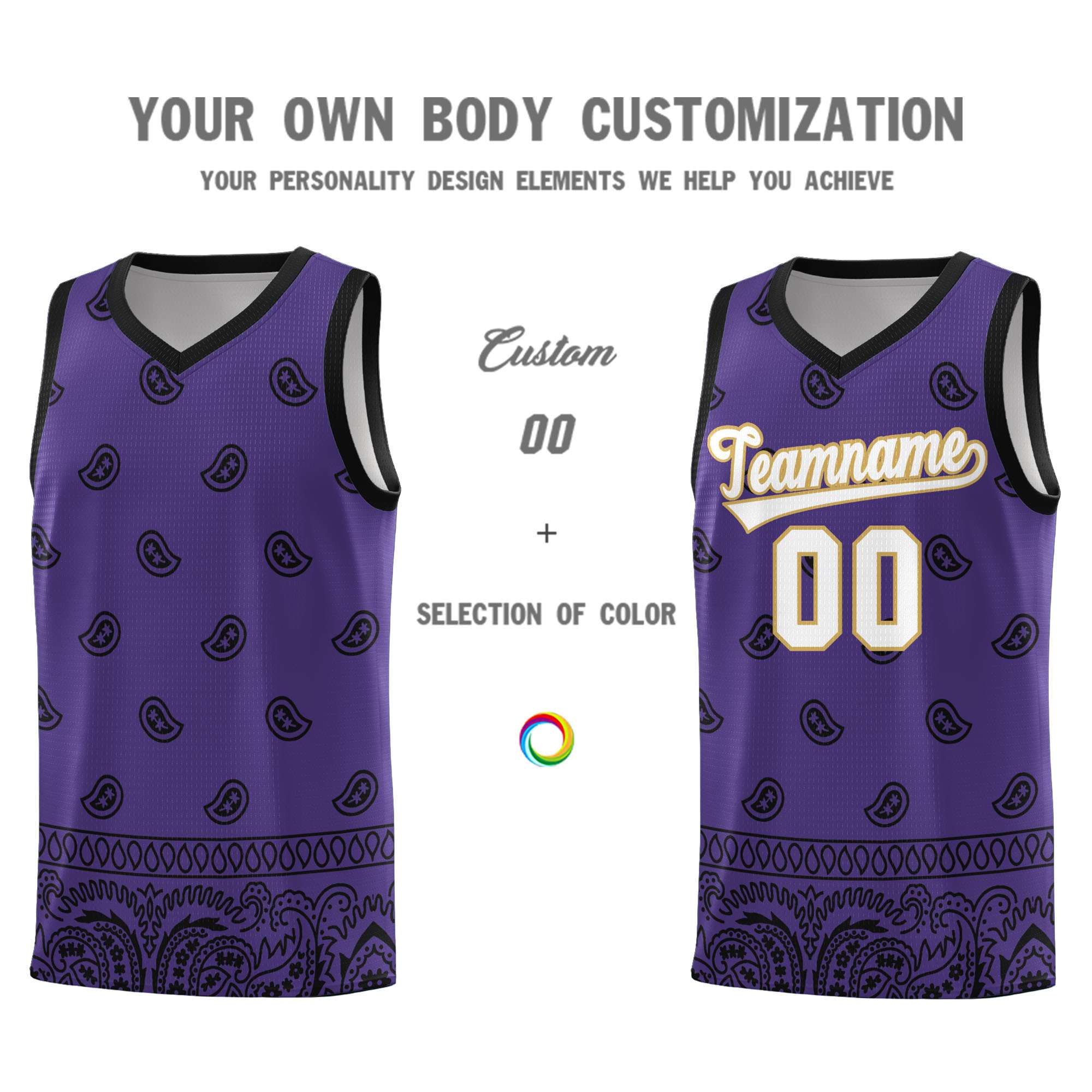 Custom Purple Black Personalized Cashew Pattern Sports Uniform Basketball Jersey