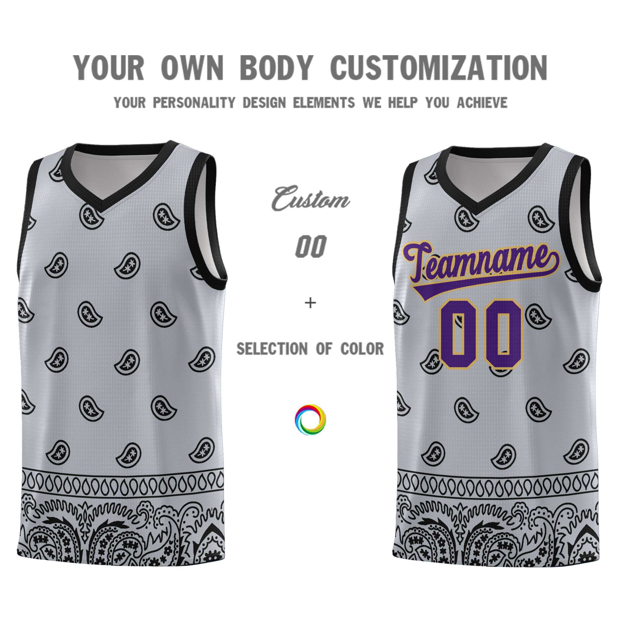 Custom Gray Black Personalized Cashew Pattern Sports Uniform Basketball Jersey