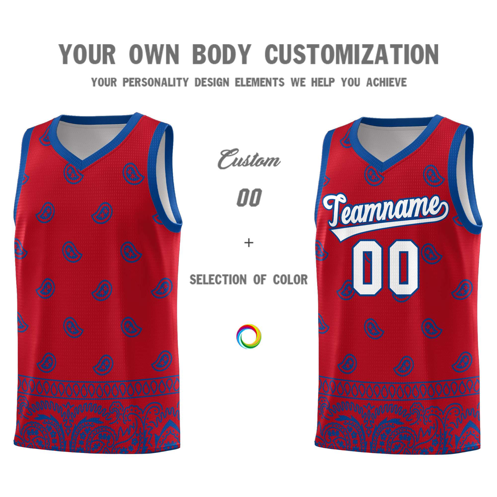 Custom Red Royal Personalized Cashew Pattern Sports Uniform Basketball Jersey