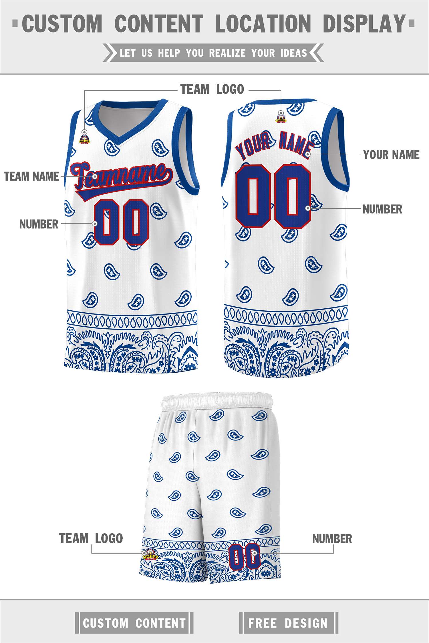 Custom White Royal Personalized Cashew Pattern Sports Uniform Basketball Jersey