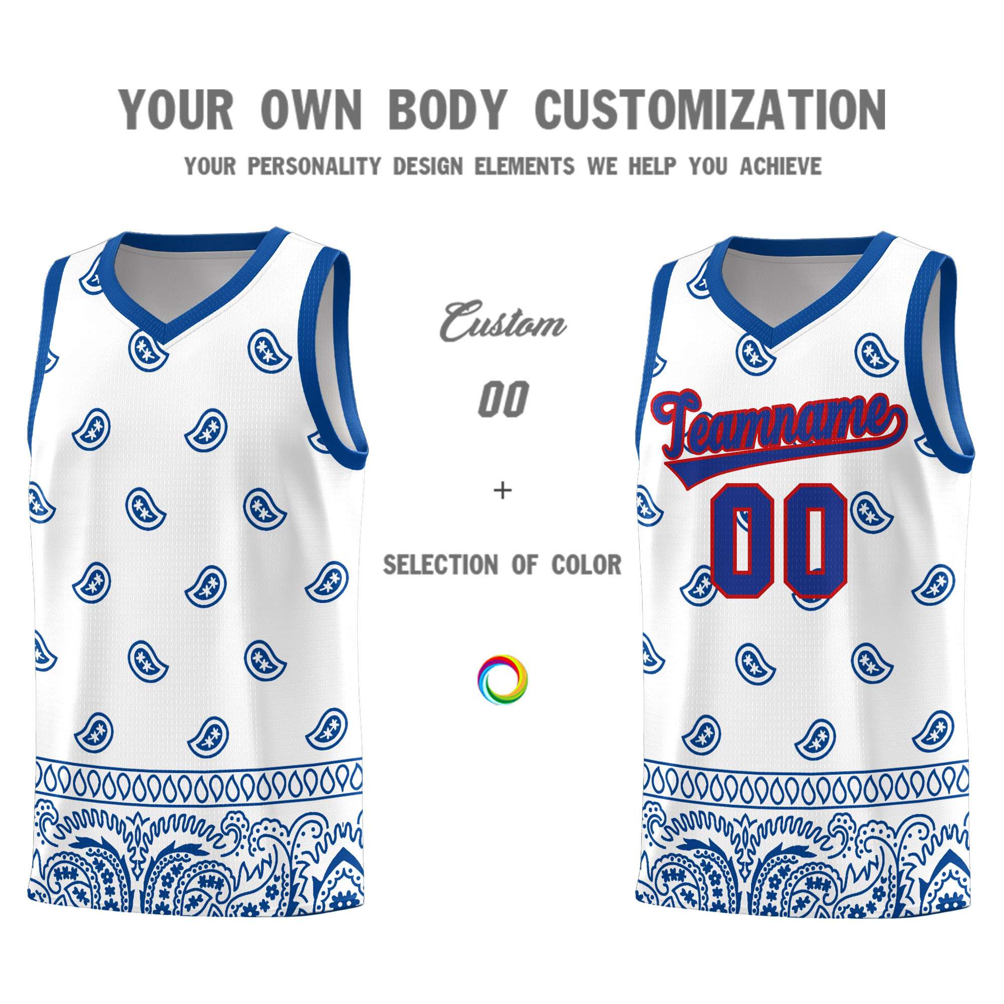 Custom White Royal Personalized Cashew Pattern Sports Uniform Basketball Jersey