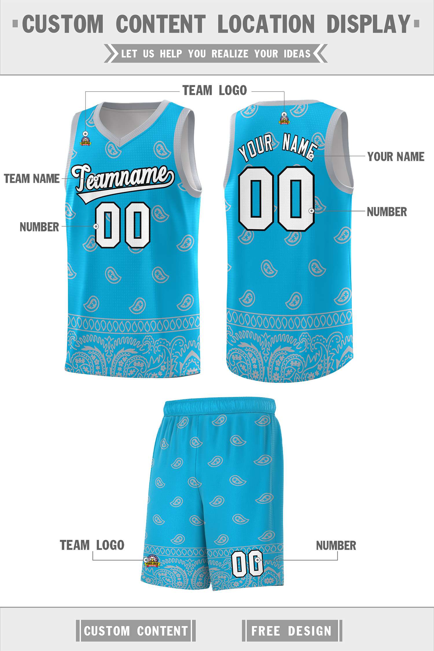 Custom Sky Blue Gray Personalized Cashew Pattern Sports Uniform Basketball Jersey