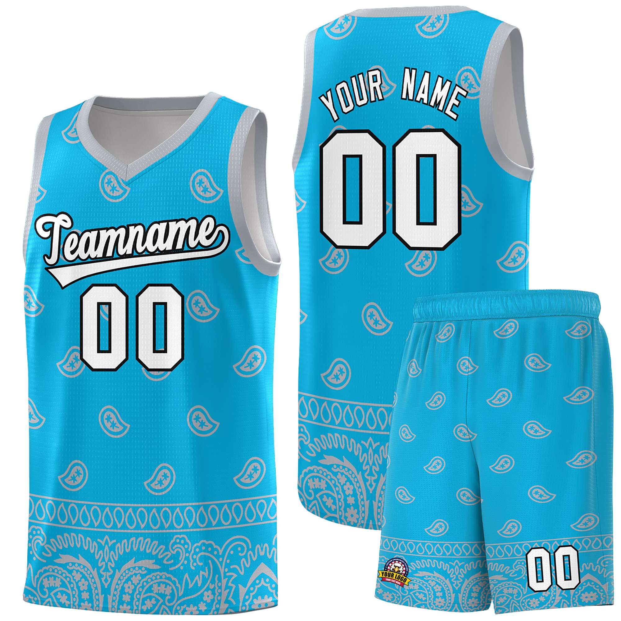 Custom Sky Blue Gray Personalized Cashew Pattern Sports Uniform Basketball Jersey