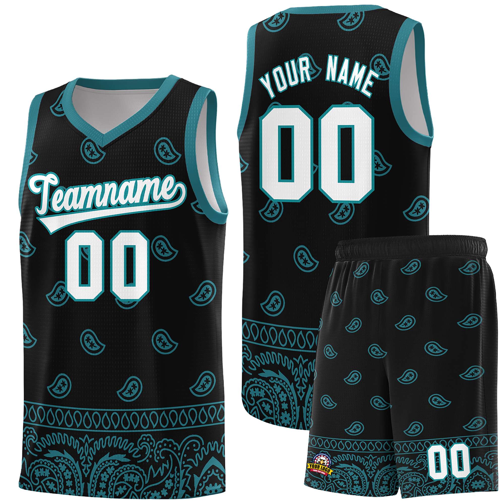 Custom Black Aqua Personalized Cashew Pattern Sports Uniform Basketball Jersey