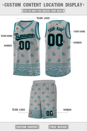 Custom Gray Aqua Personalized Cashew Pattern Sports Uniform Basketball Jersey