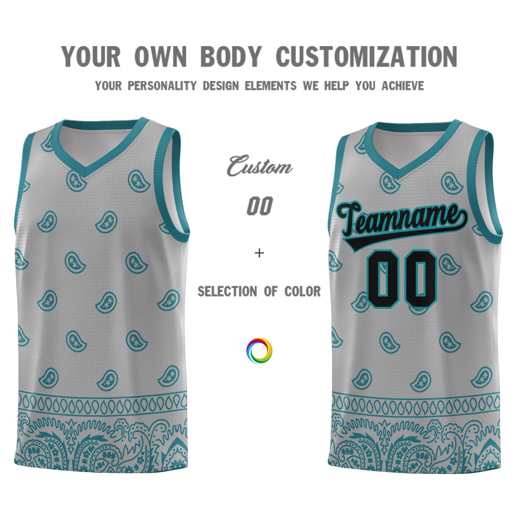 Custom Gray Aqua Personalized Cashew Pattern Sports Uniform Basketball Jersey