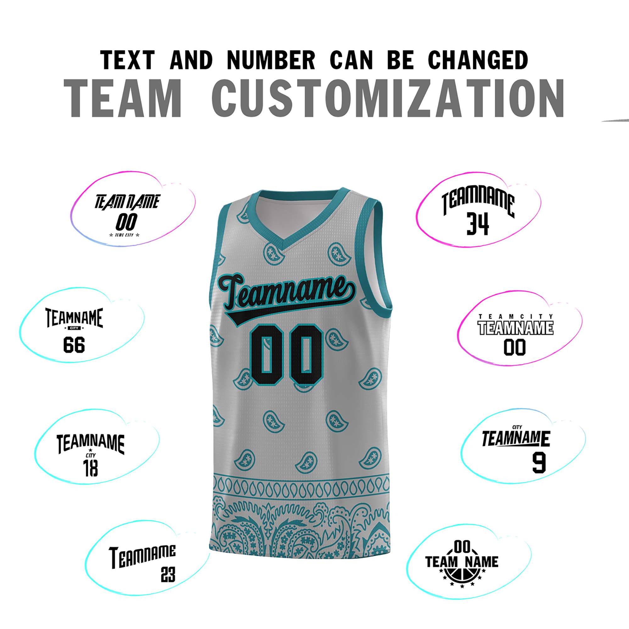 Custom Gray Aqua Personalized Cashew Pattern Sports Uniform Basketball Jersey