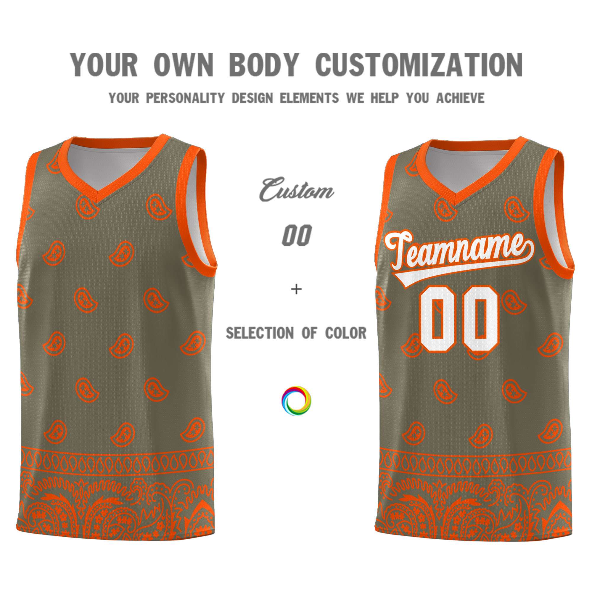 Custom Olive Orange Personalized Cashew Pattern Sports Uniform Basketball Jersey