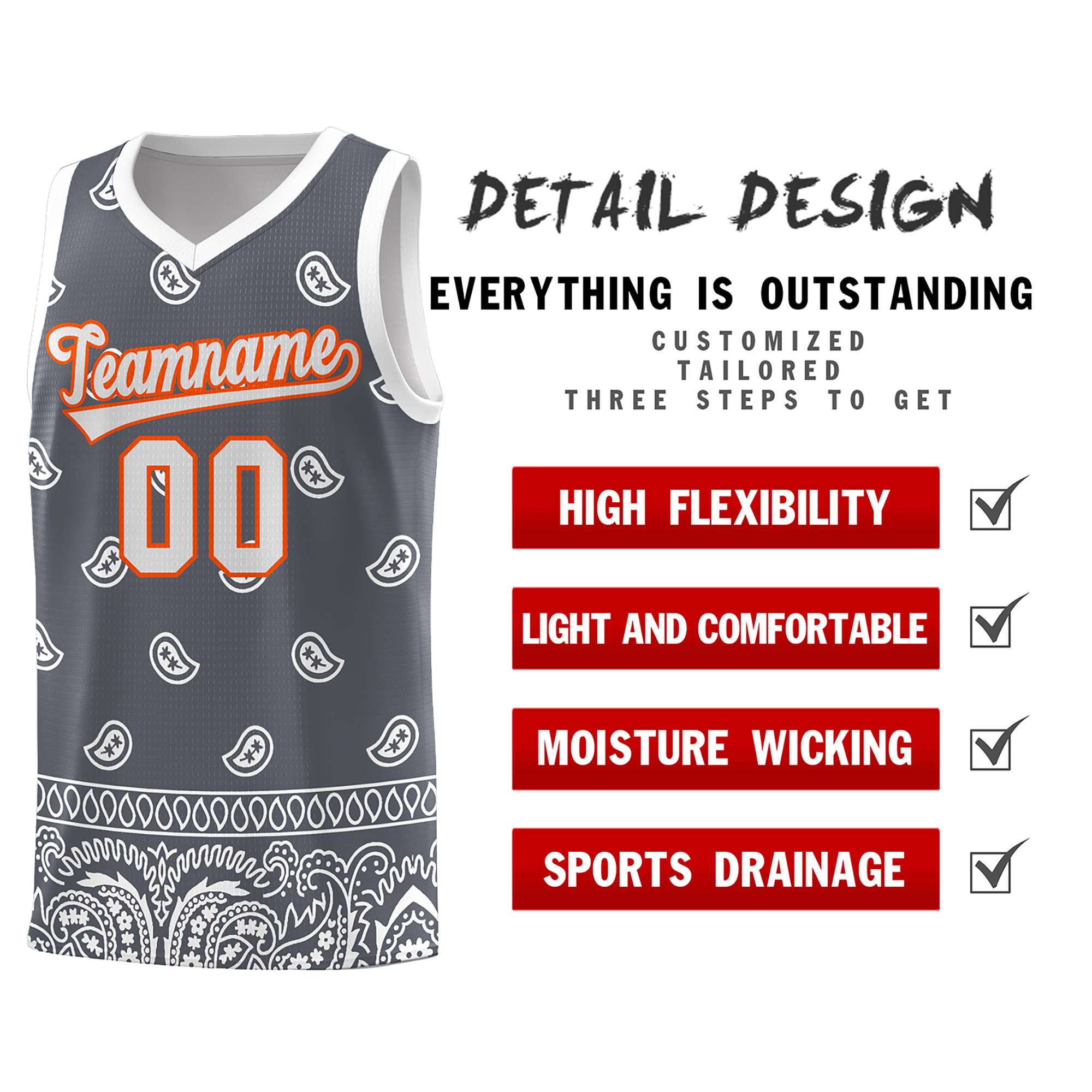 Custom Dark Gray White Personalized Cashew Pattern Sports Uniform Basketball Jersey