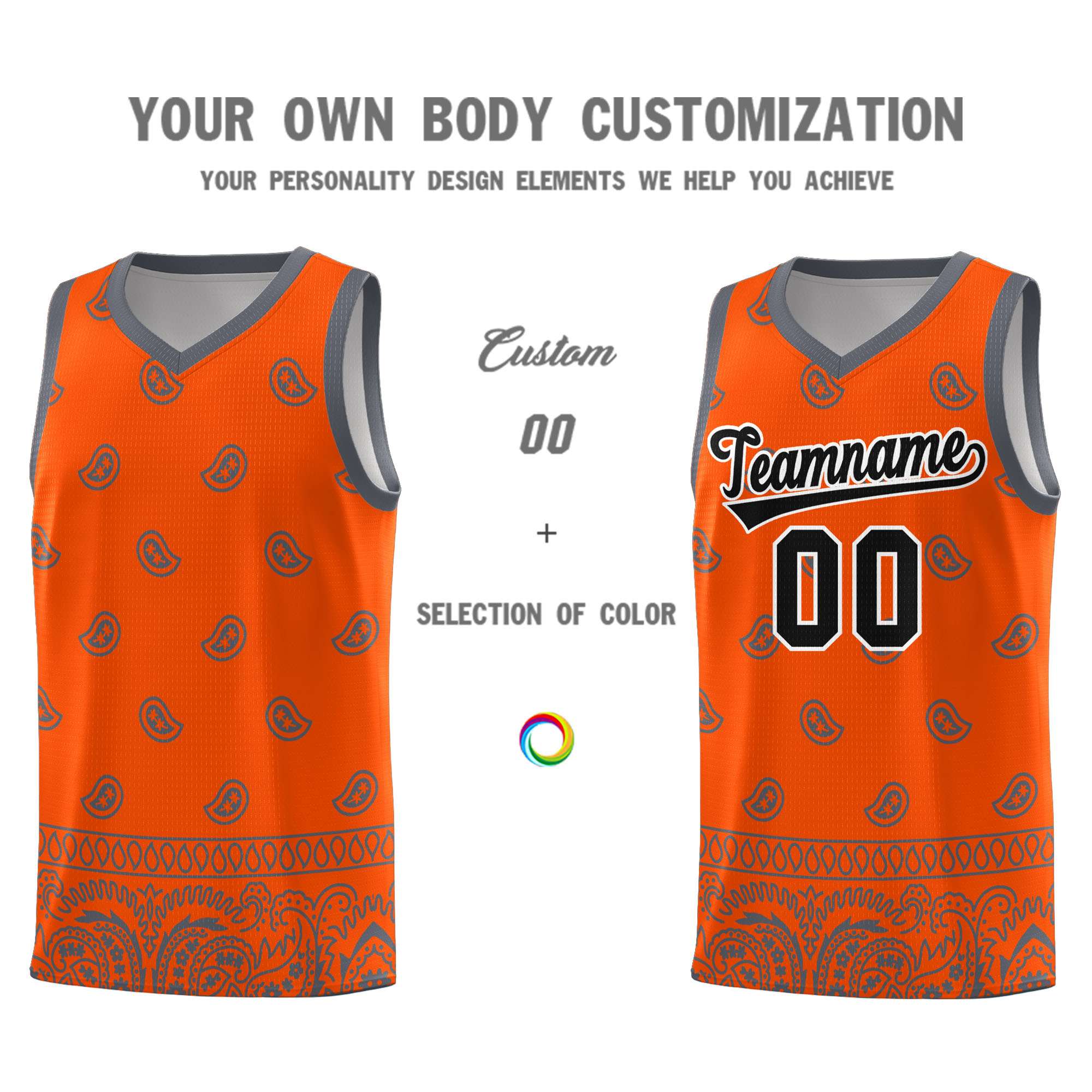 Custom Orange Dark Gray Personalized Cashew Pattern Sports Uniform Basketball Jersey