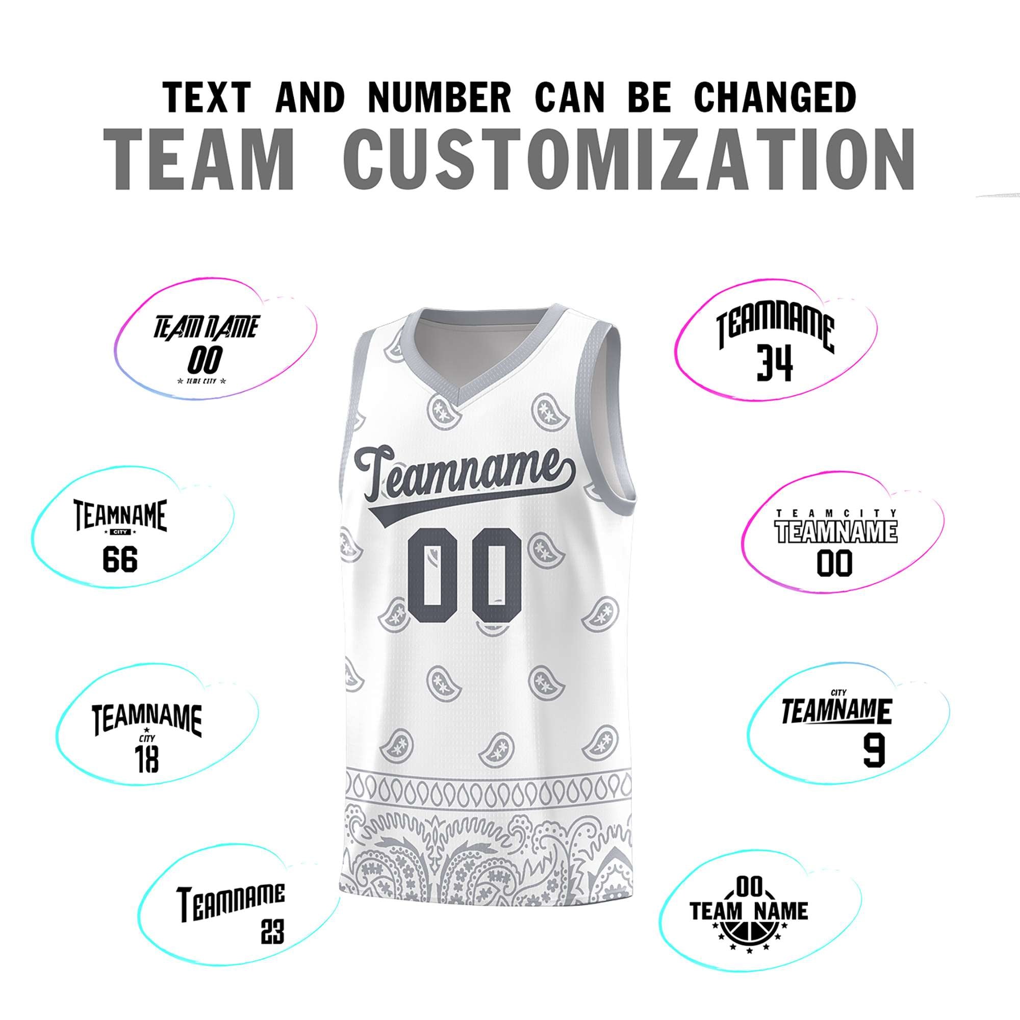 Custom White Gray Personalized Cashew Pattern Sports Uniform Basketball Jersey