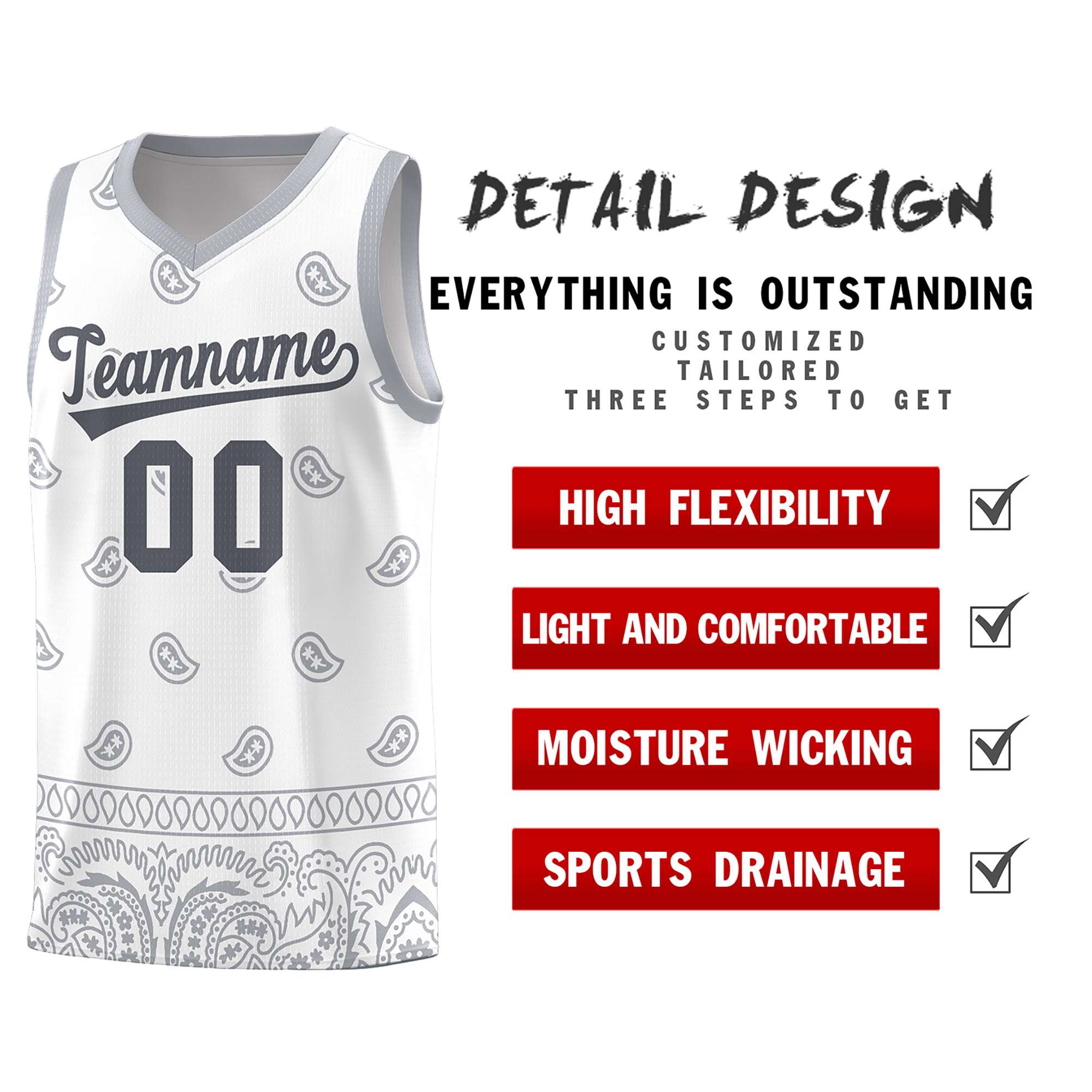 Custom White Gray Personalized Cashew Pattern Sports Uniform Basketball Jersey