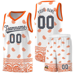 Custom White Orange Personalized Cashew Pattern Sports Uniform Basketball Jersey