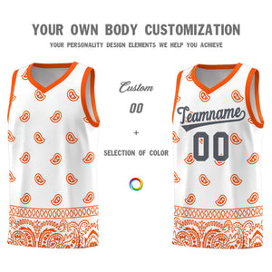 Custom White Orange Personalized Cashew Pattern Sports Uniform Basketball Jersey