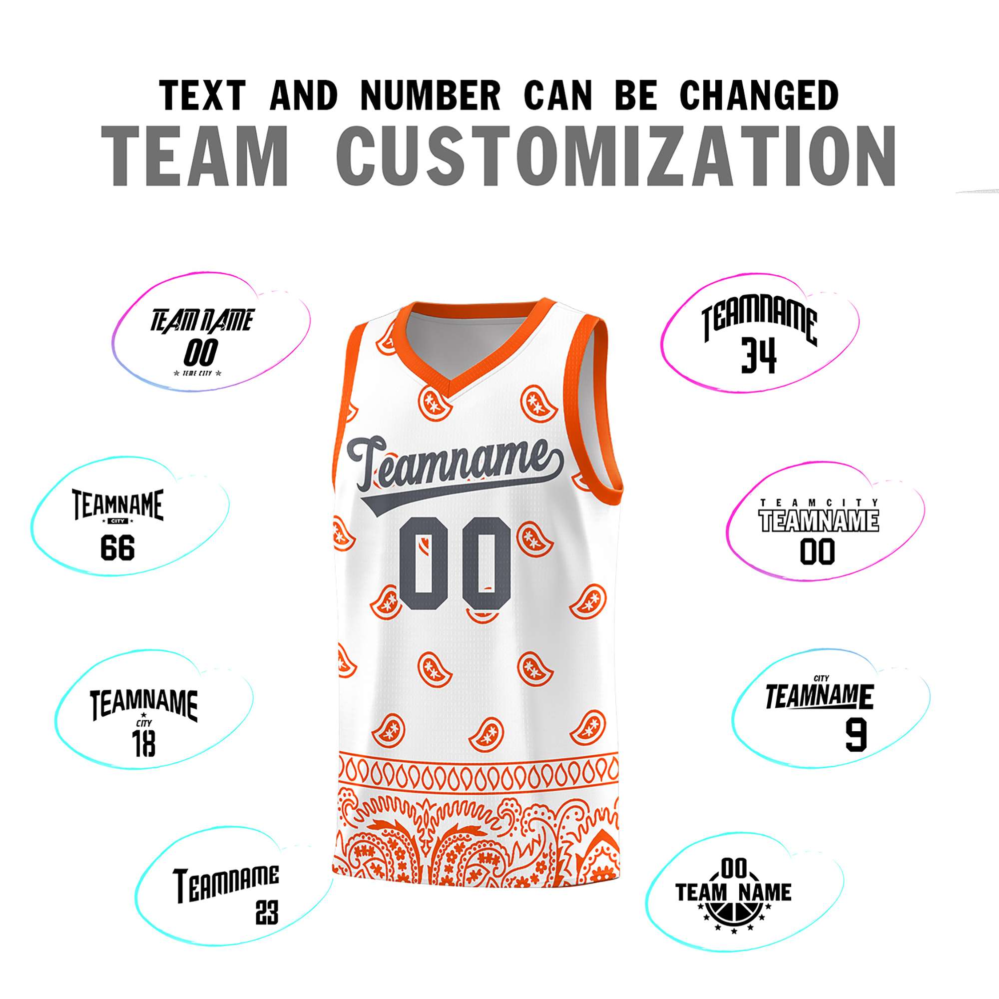 Custom White Orange Personalized Cashew Pattern Sports Uniform Basketball Jersey