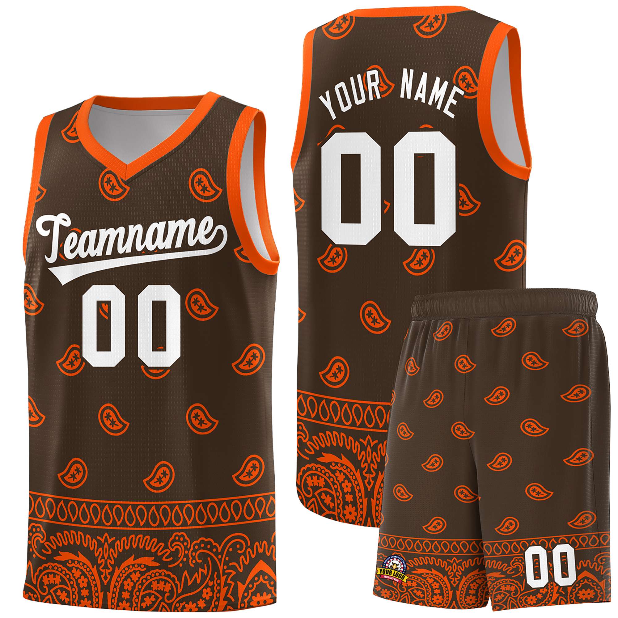 Custom Brown Orange Personalized Cashew Pattern Sports Uniform Basketball Jersey