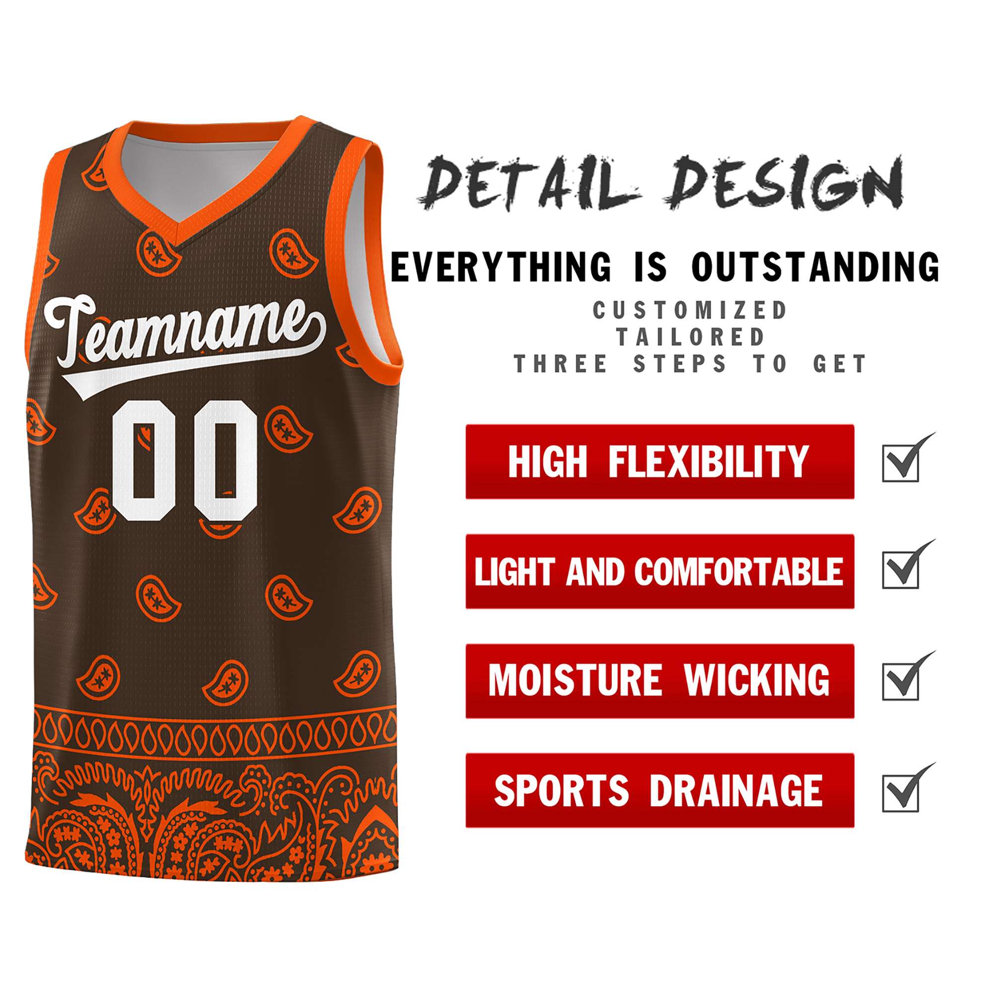 Custom Brown Orange Personalized Cashew Pattern Sports Uniform Basketball Jersey