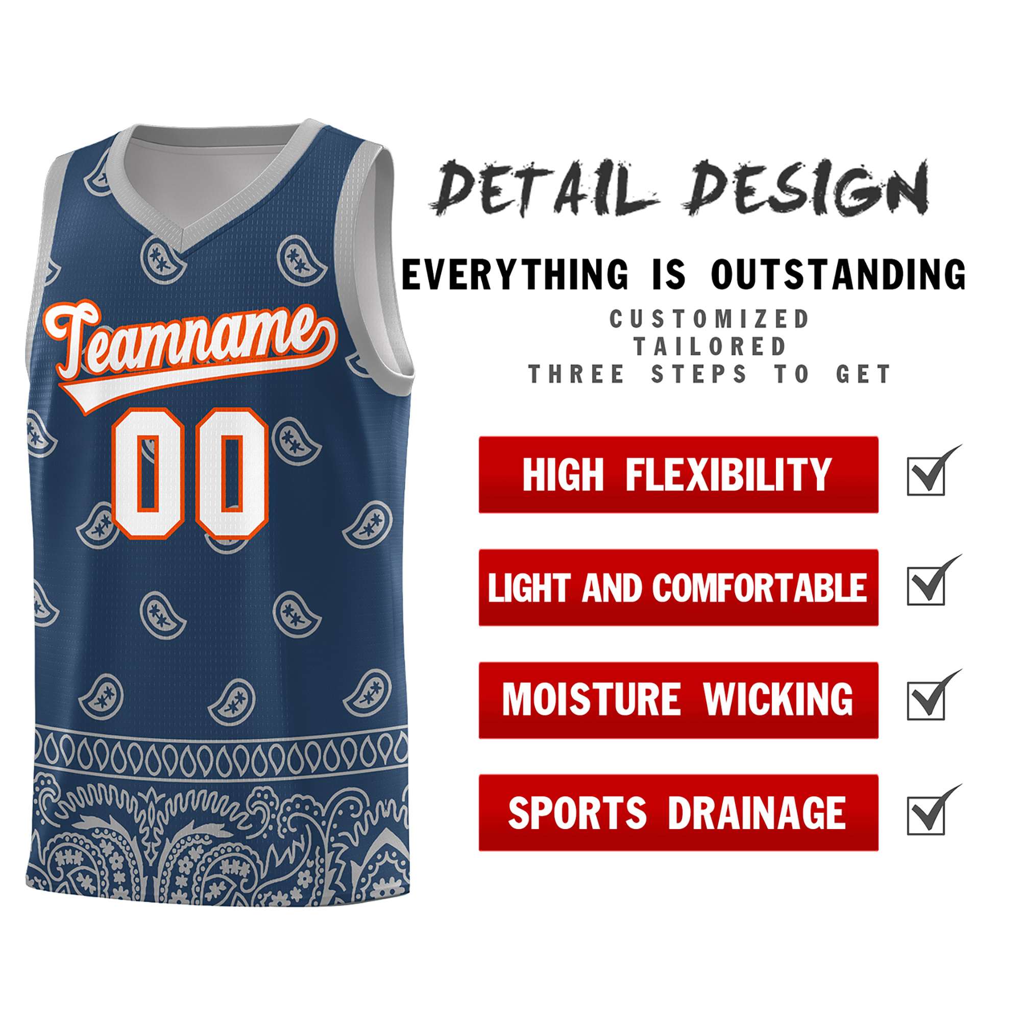 Custom Midnight Blue Gray Personalized Cashew Pattern Sports Uniform Basketball Jersey