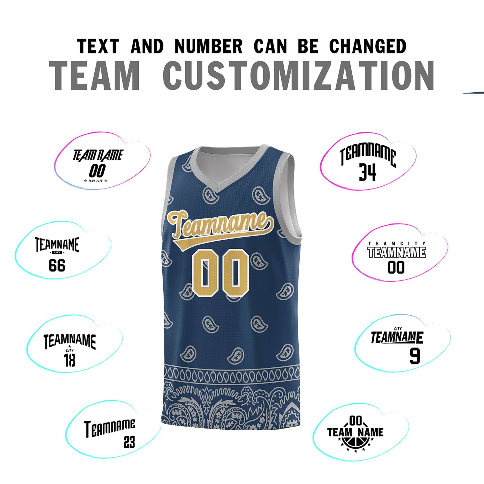 Custom Midnight Blue Gray Personalized Cashew Pattern Sports Uniform Basketball Jersey