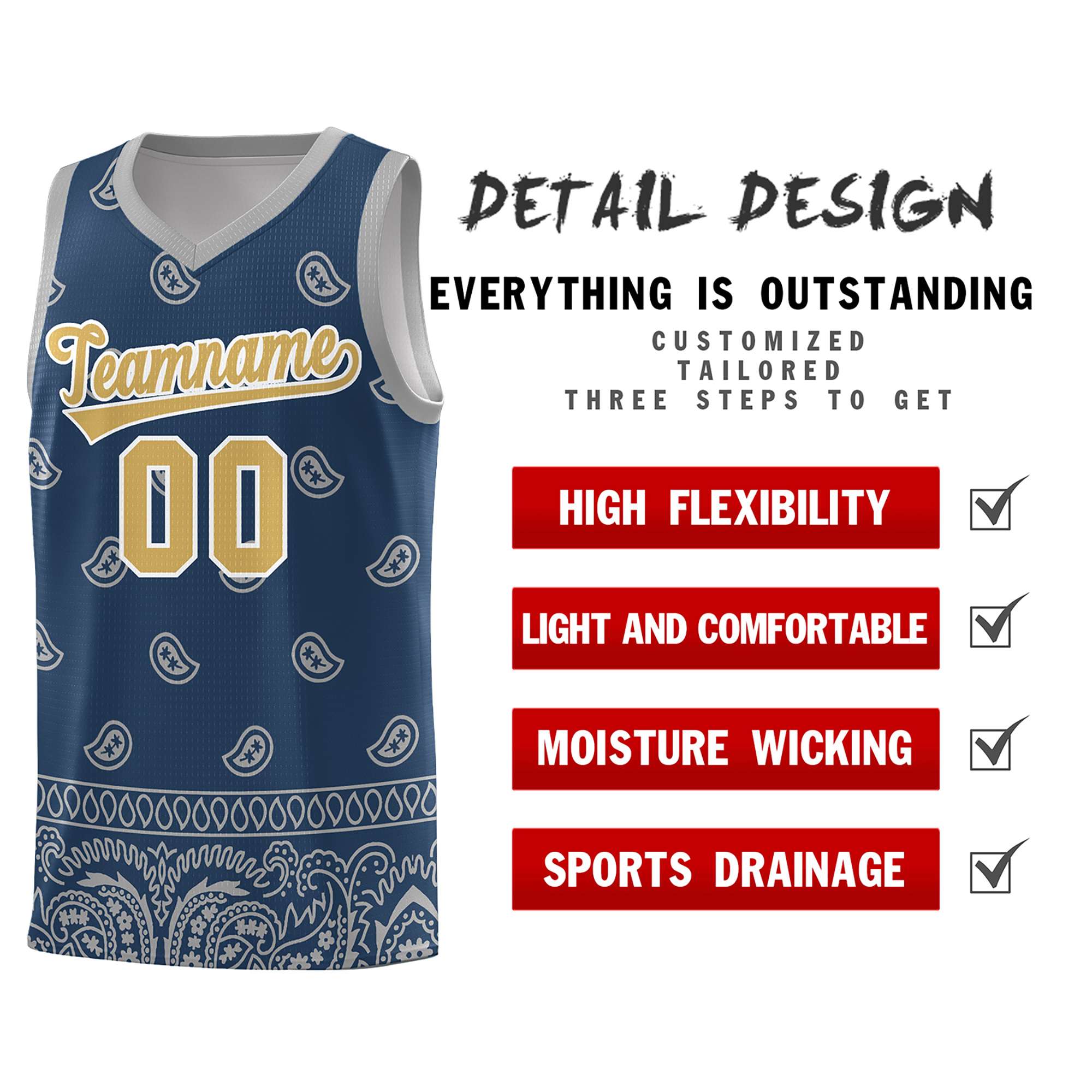 Custom Midnight Blue Gray Personalized Cashew Pattern Sports Uniform Basketball Jersey