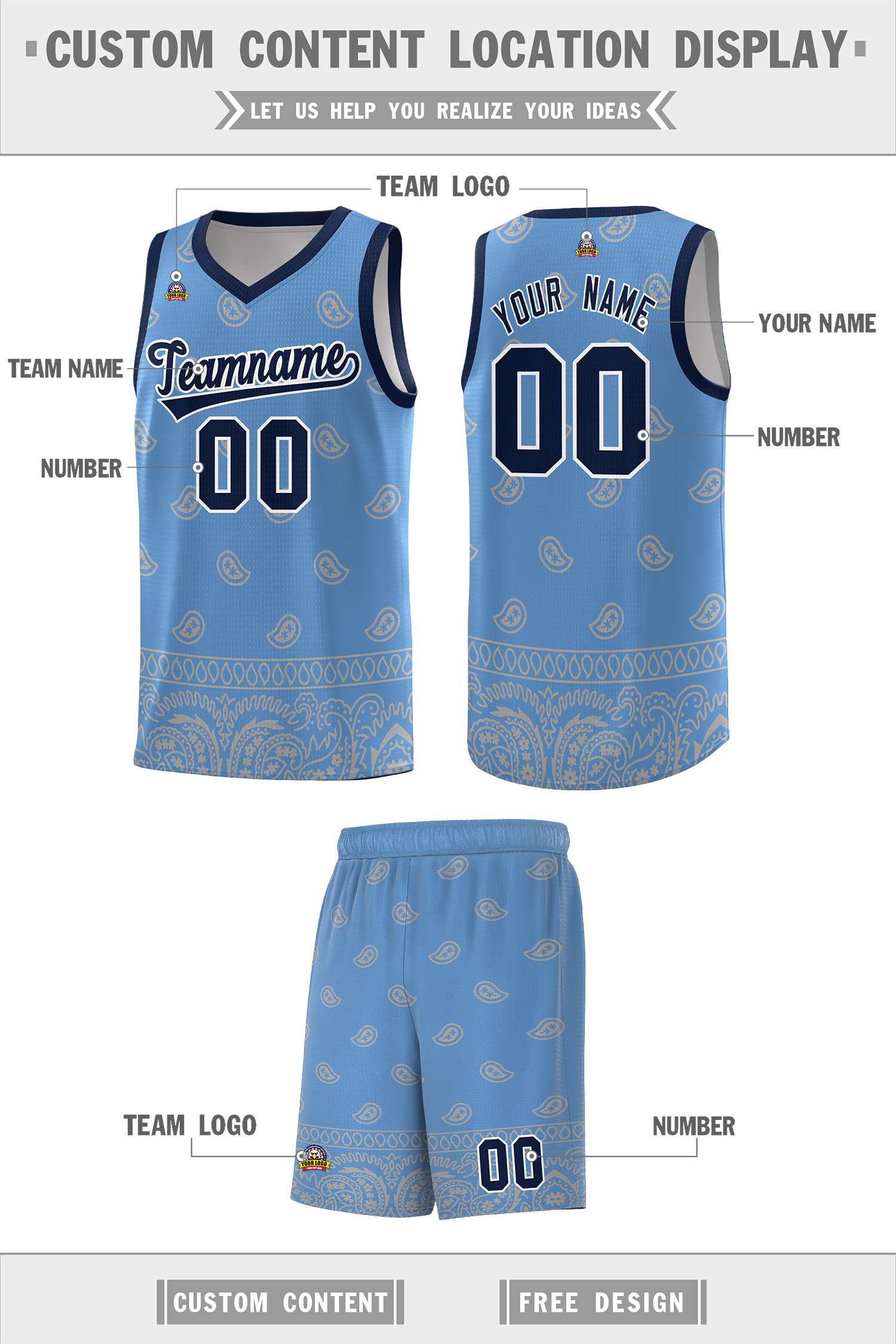 Custom Light Blue Gray Personalized Cashew Pattern Sports Uniform Basketball Jersey