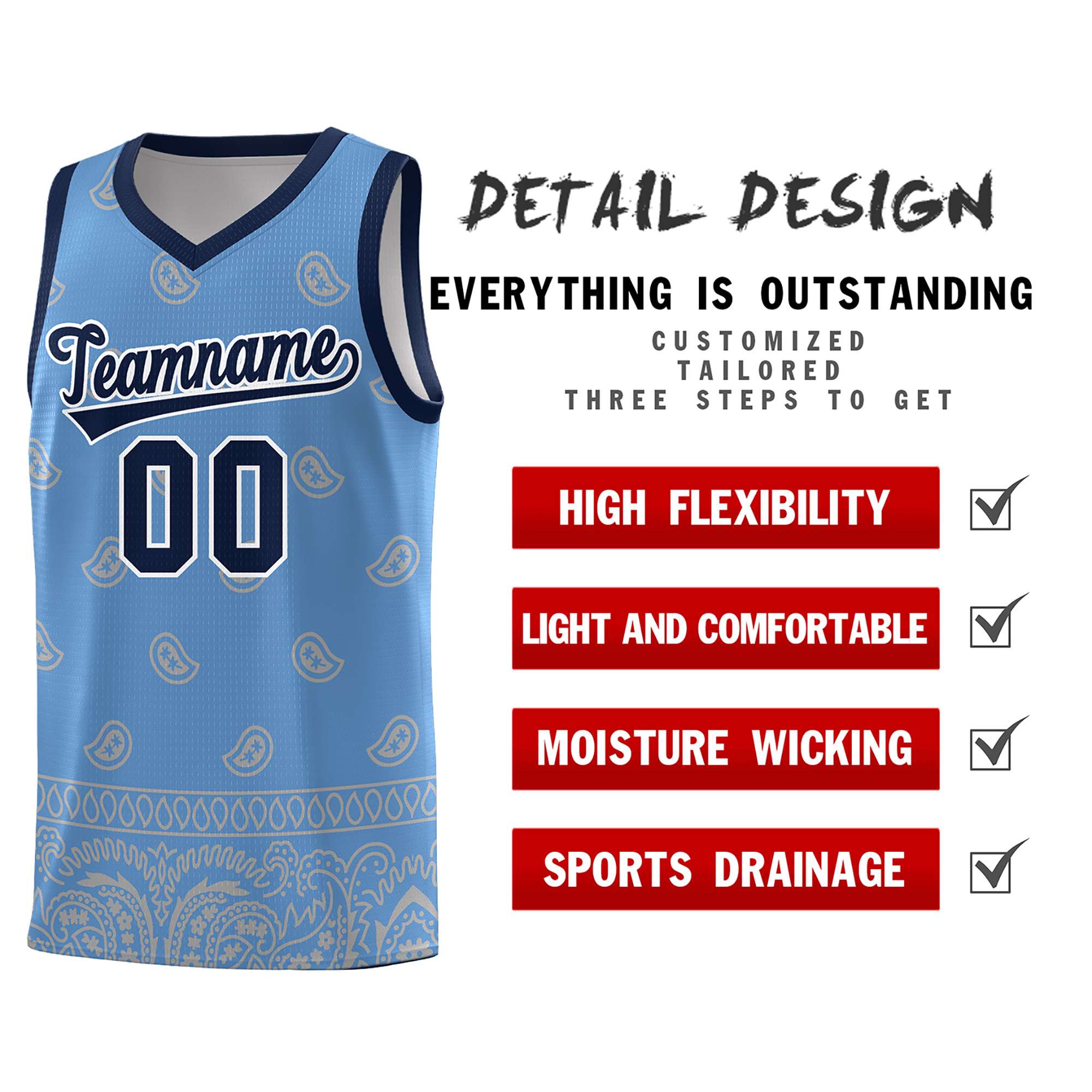 Custom Light Blue Gray Personalized Cashew Pattern Sports Uniform Basketball Jersey