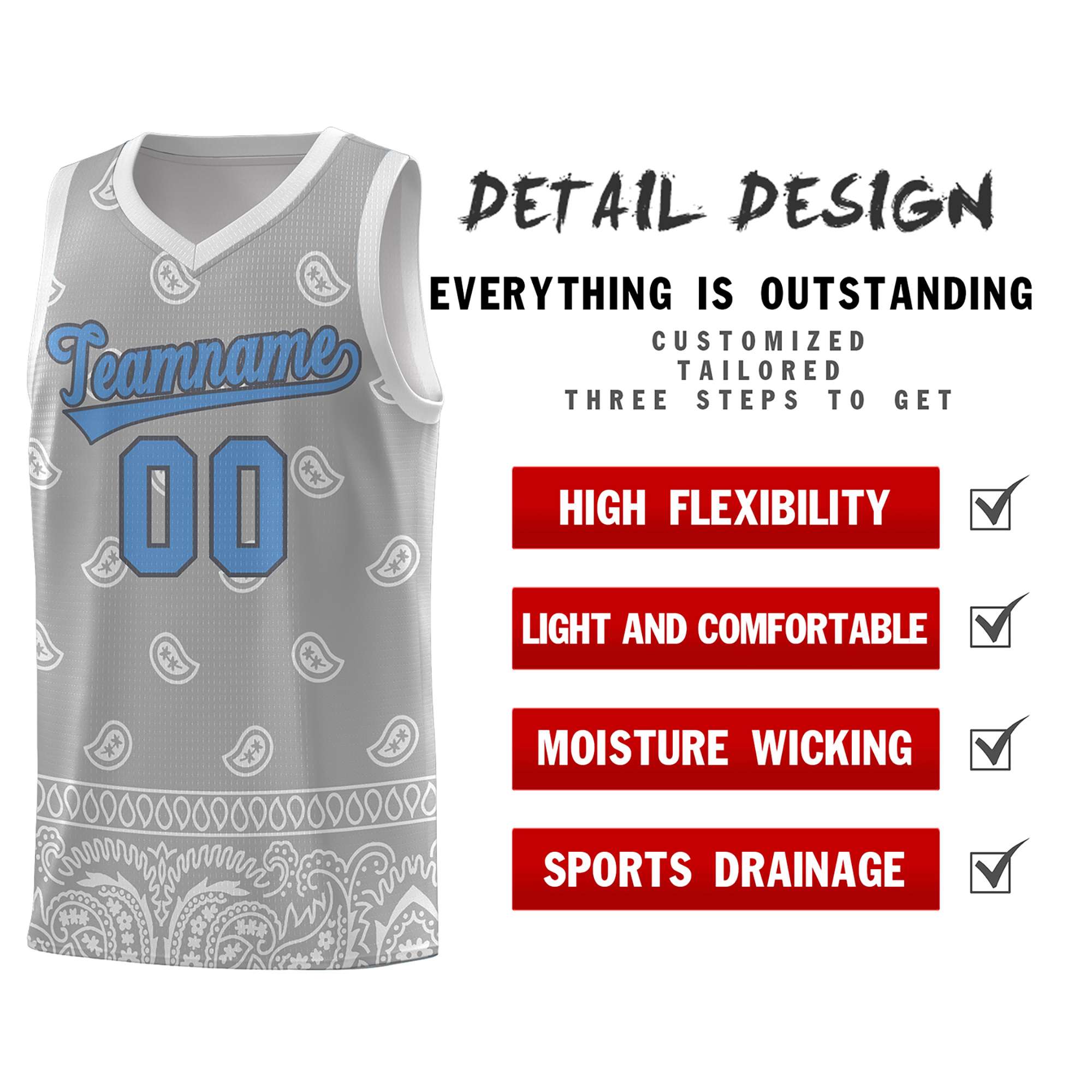 Custom Gray Light Gray Personalized Cashew Pattern Sports Uniform Basketball Jersey