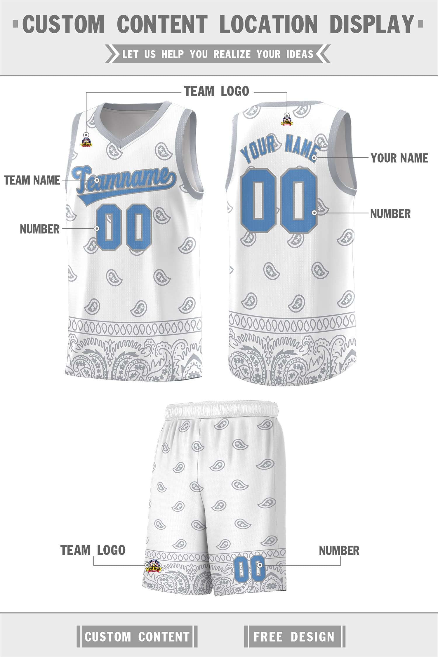 Custom White Gray Personalized Cashew Pattern Sports Uniform Basketball Jersey