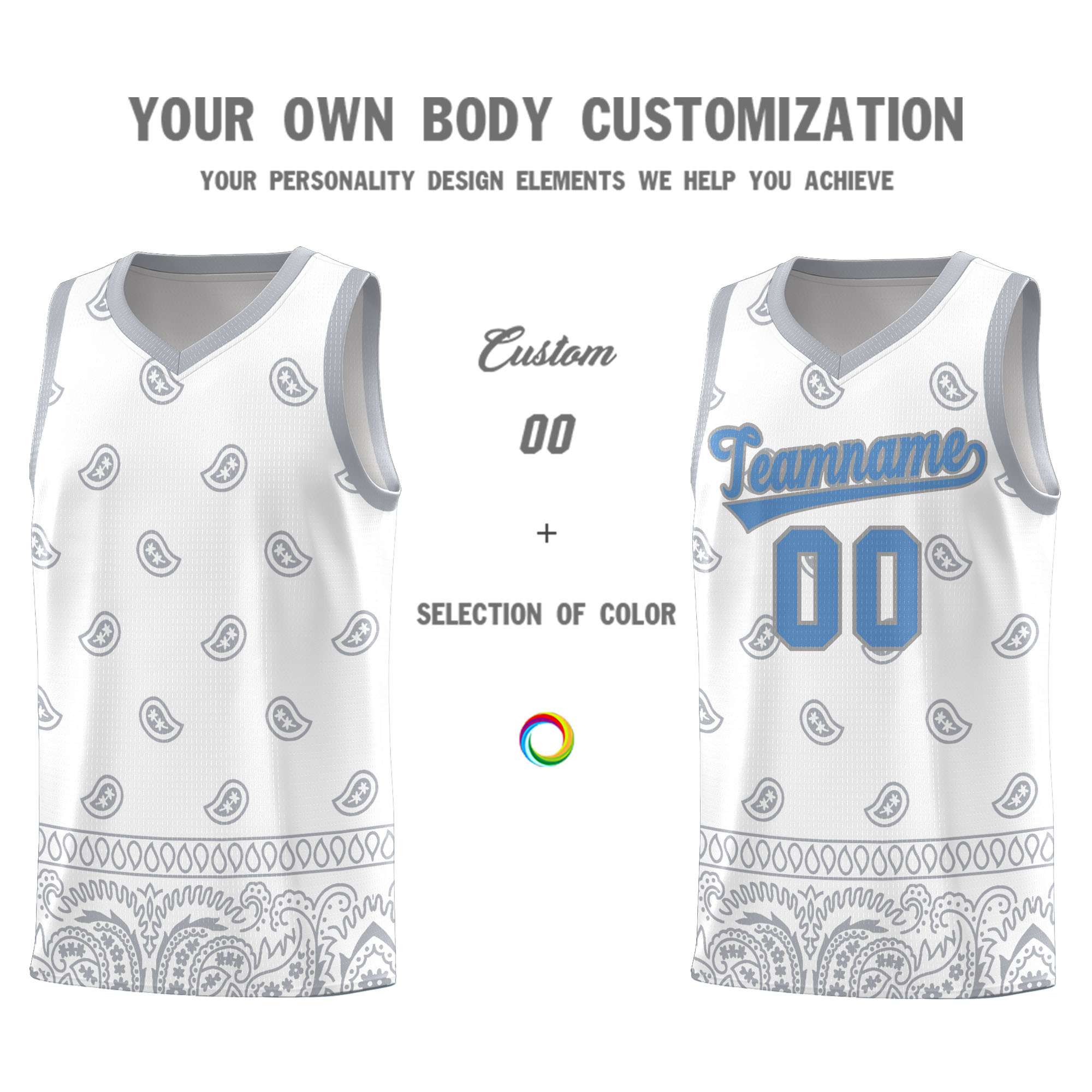 Custom White Gray Personalized Cashew Pattern Sports Uniform Basketball Jersey