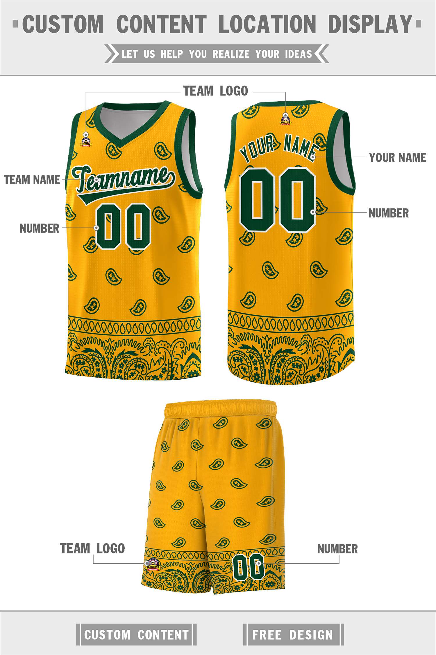 Custom Yellow Green Personalized Cashew Pattern Sports Uniform Basketball Jersey