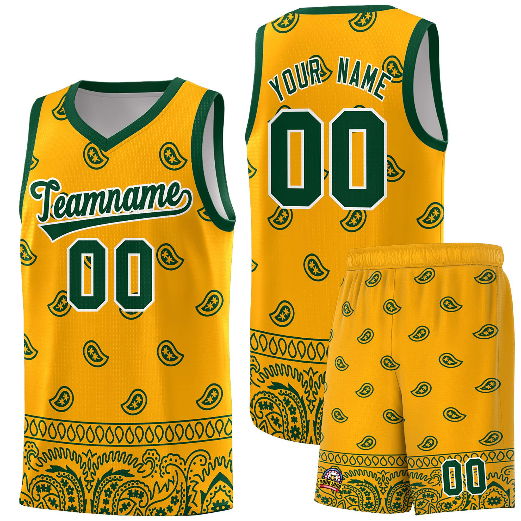 Custom Yellow Green Personalized Cashew Pattern Sports Uniform Basketball Jersey