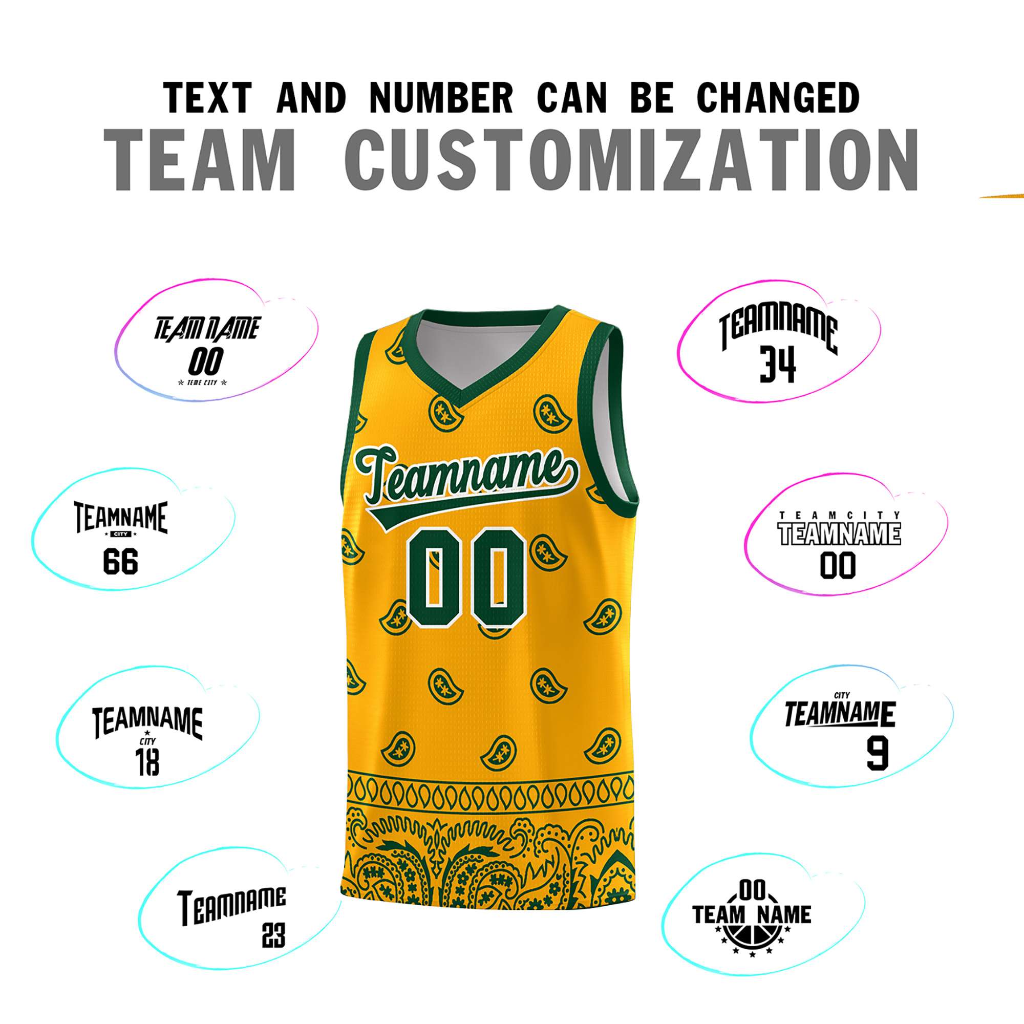 Custom Yellow Green Personalized Cashew Pattern Sports Uniform Basketball Jersey