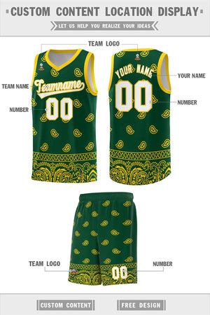 Custom Gold Green Personalized Cashew Pattern Sports Uniform Basketball Jersey