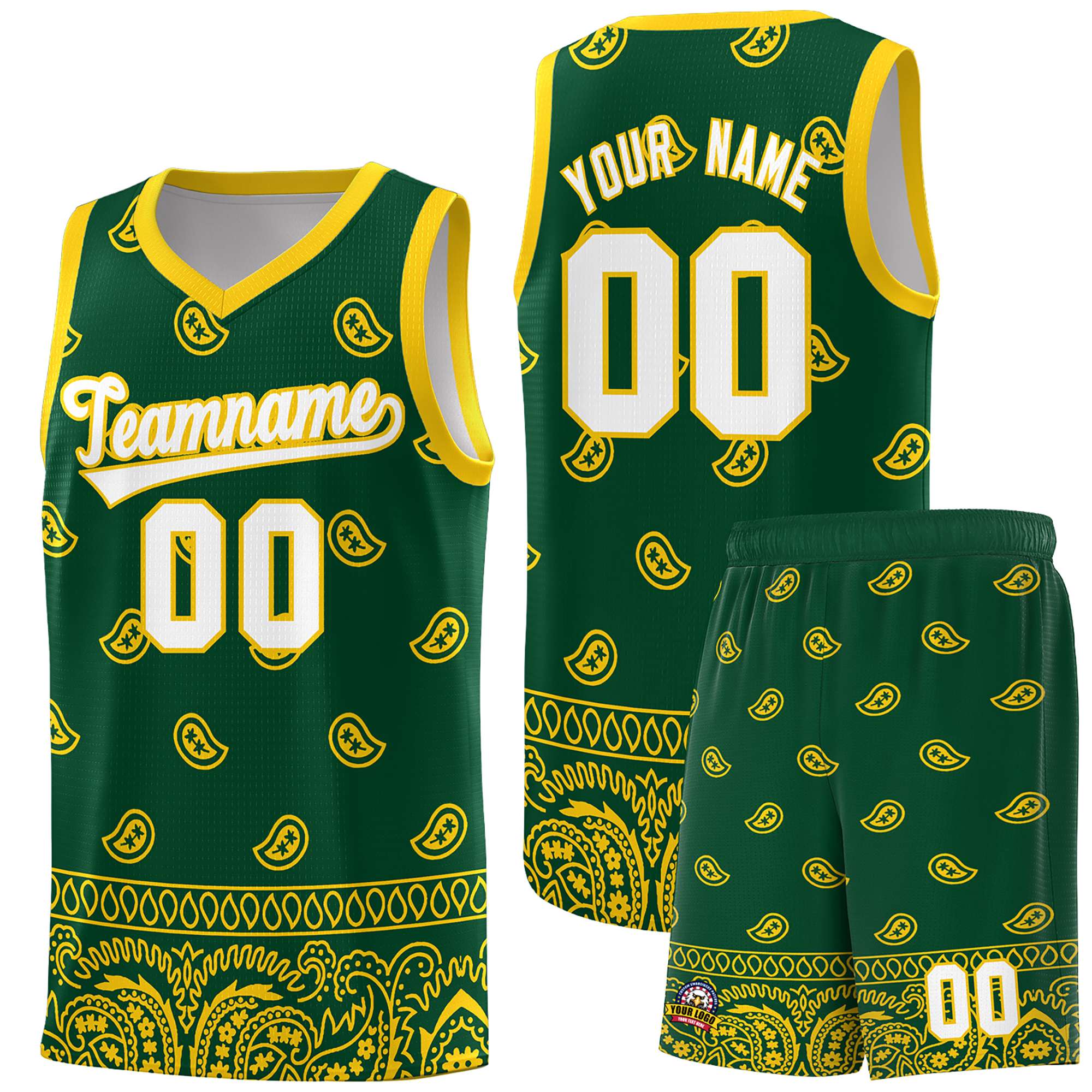 Custom Gold Green Personalized Cashew Pattern Sports Uniform Basketball Jersey