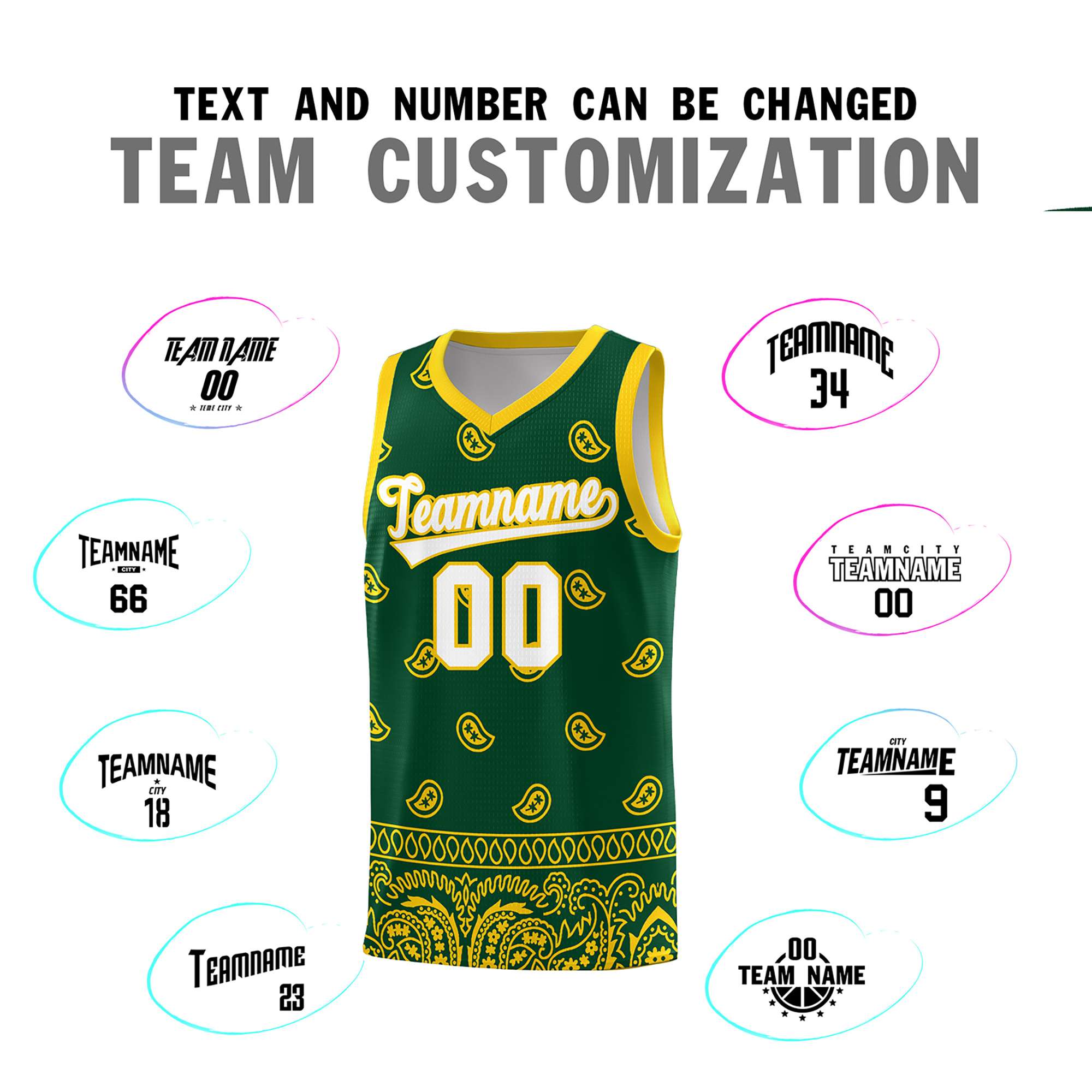 Custom Gold Green Personalized Cashew Pattern Sports Uniform Basketball Jersey